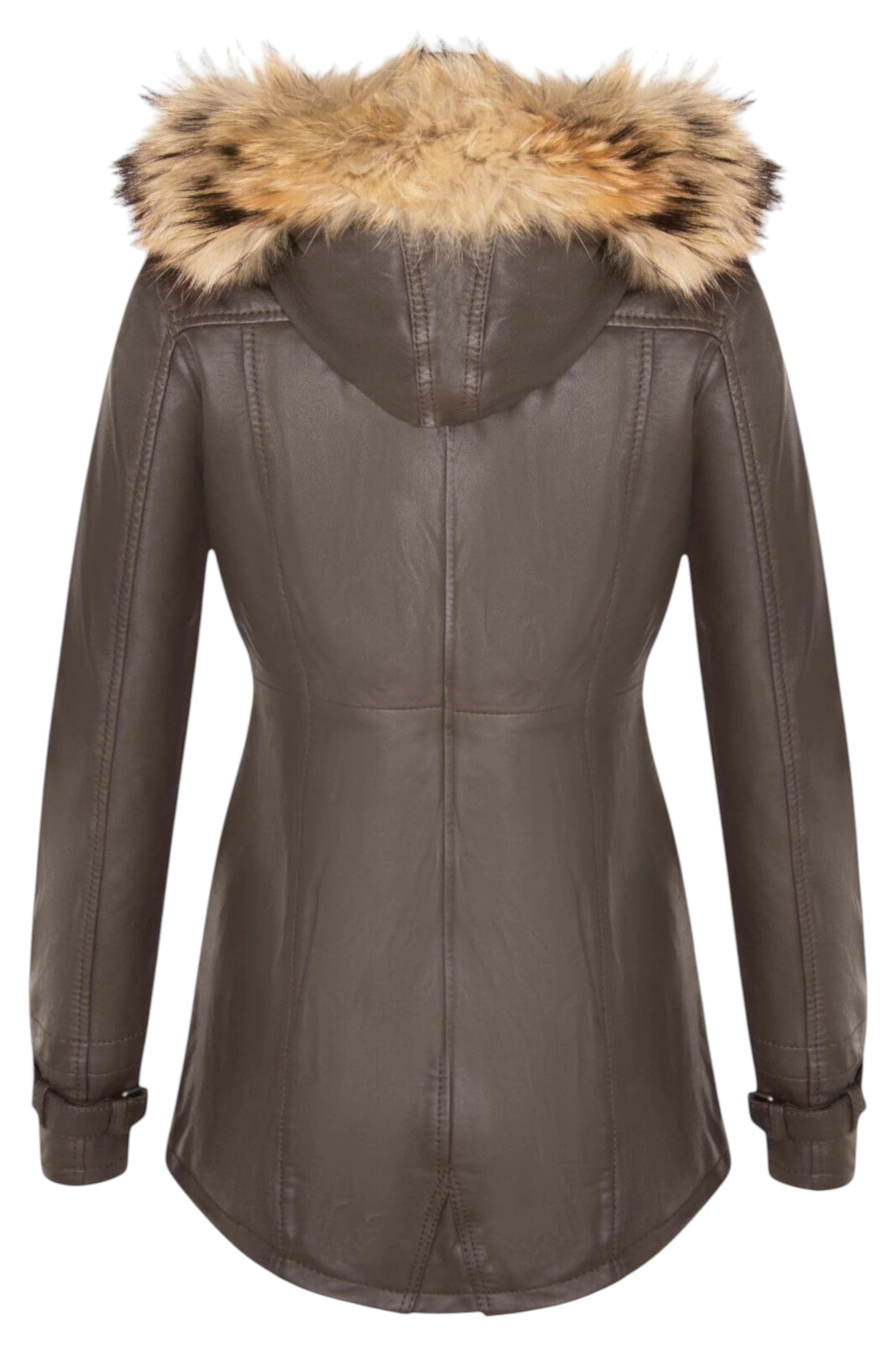 Brown Leather Hooded Parka Jacket-Putian, Image 4 of 5