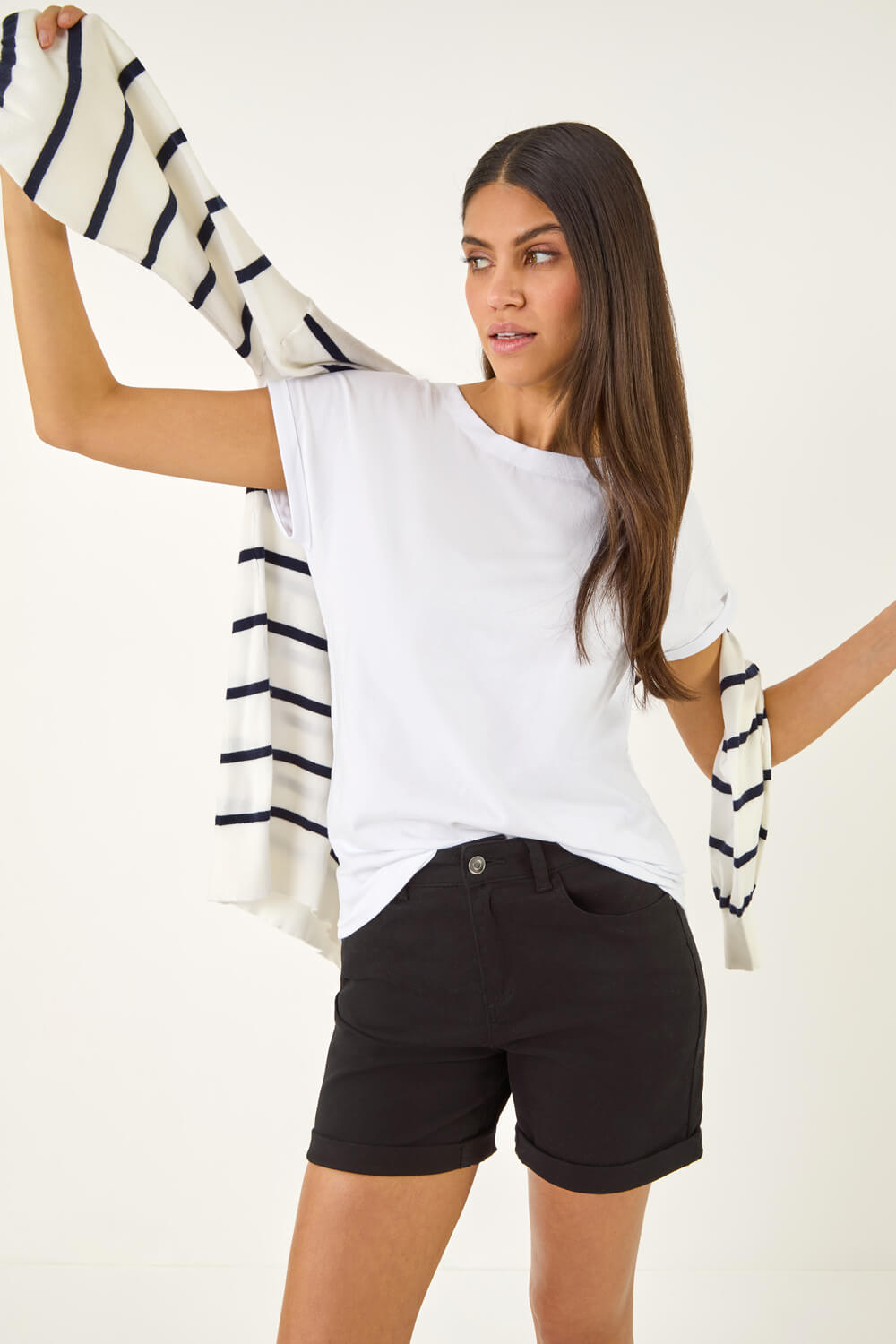 Black Stretch Denim Mom Shorts, Image 3 of 6