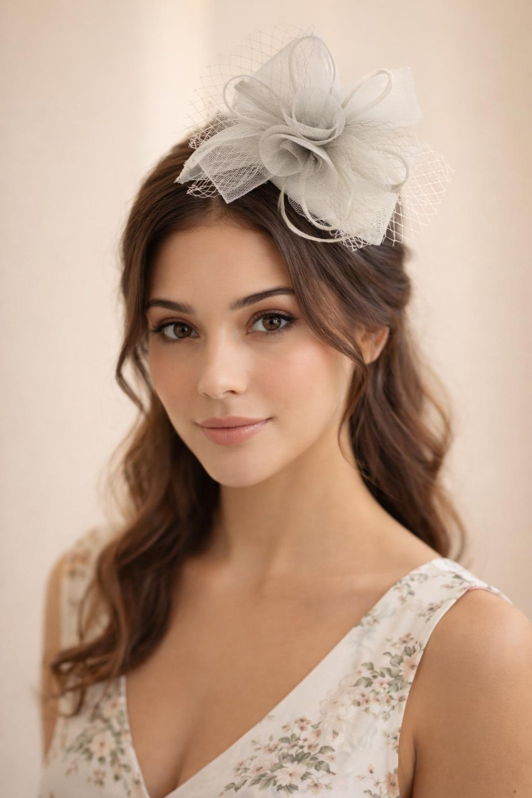 Grey Double Flower Feather Fascinator, Image 1 of 2