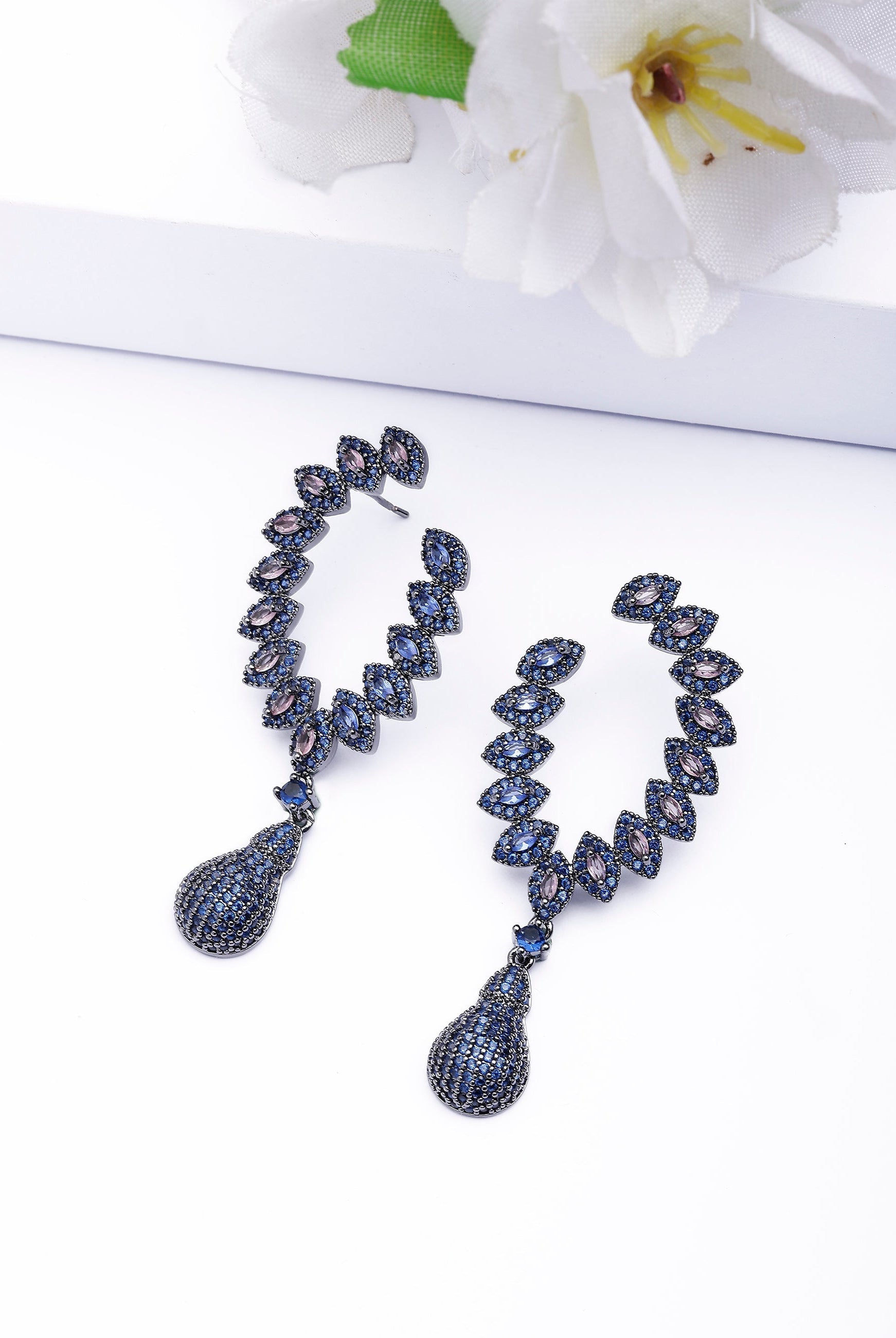 Navy Blue Delicate Leaf Drop Earrings, Image 2 of 4