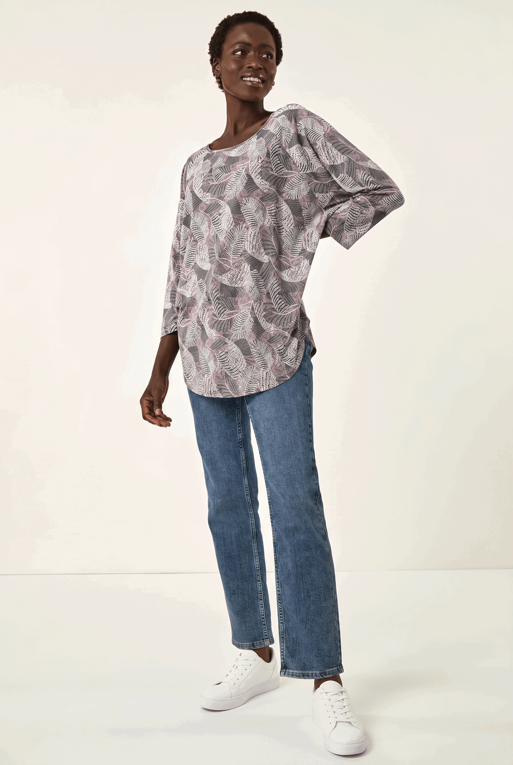 Grey Leaf Puff Print Stretch Top , Image 3 of 5