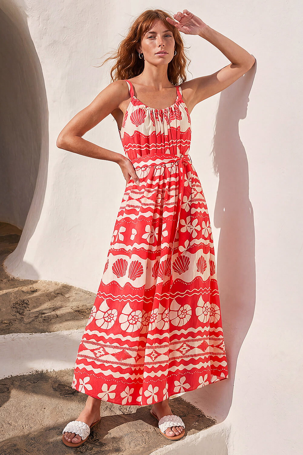 Red Shell Print Strap Maxi Dress, Image 3 of 4