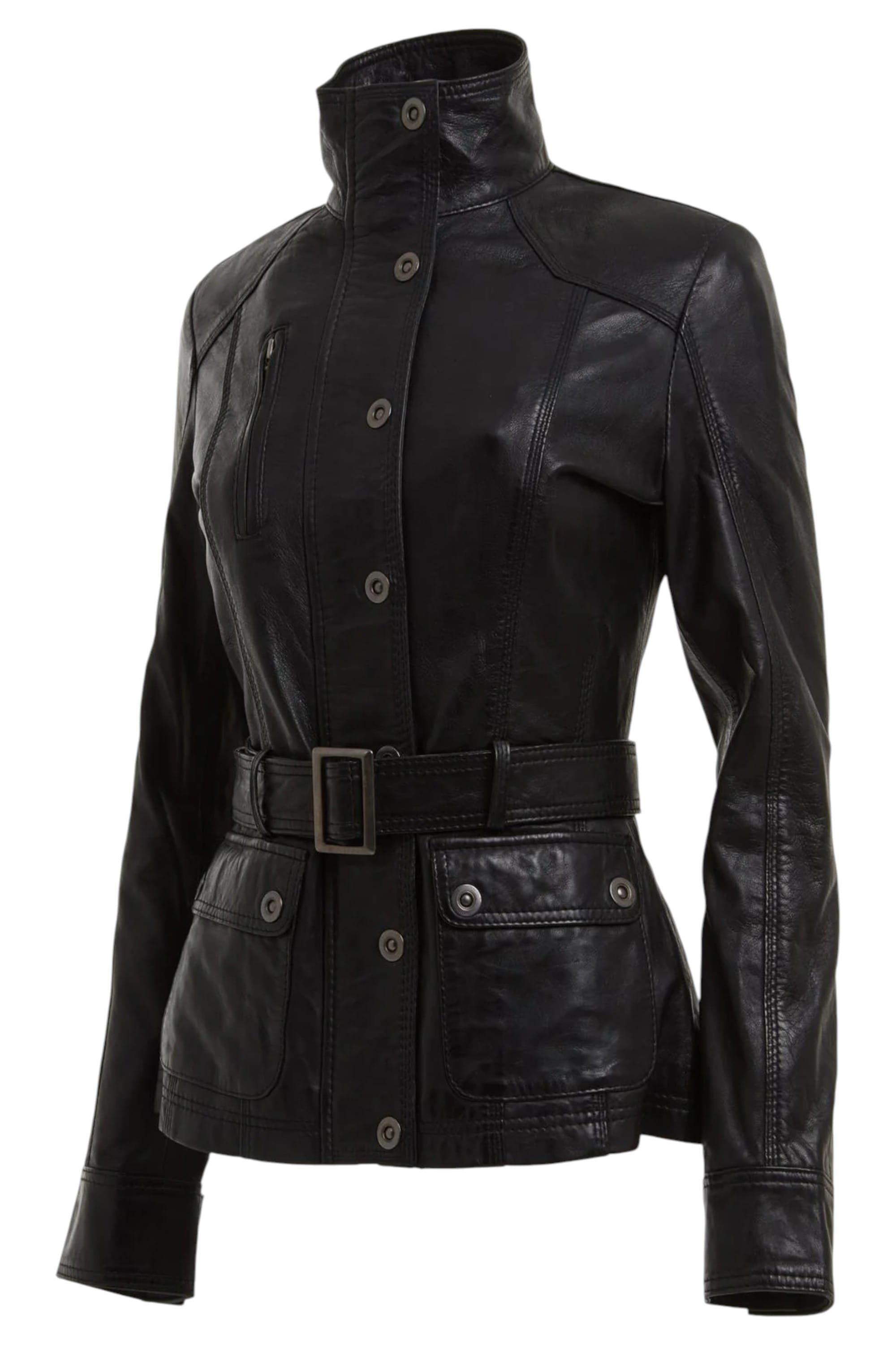 Black Womens Leather Military Biker Jacket, Image 2 of 3