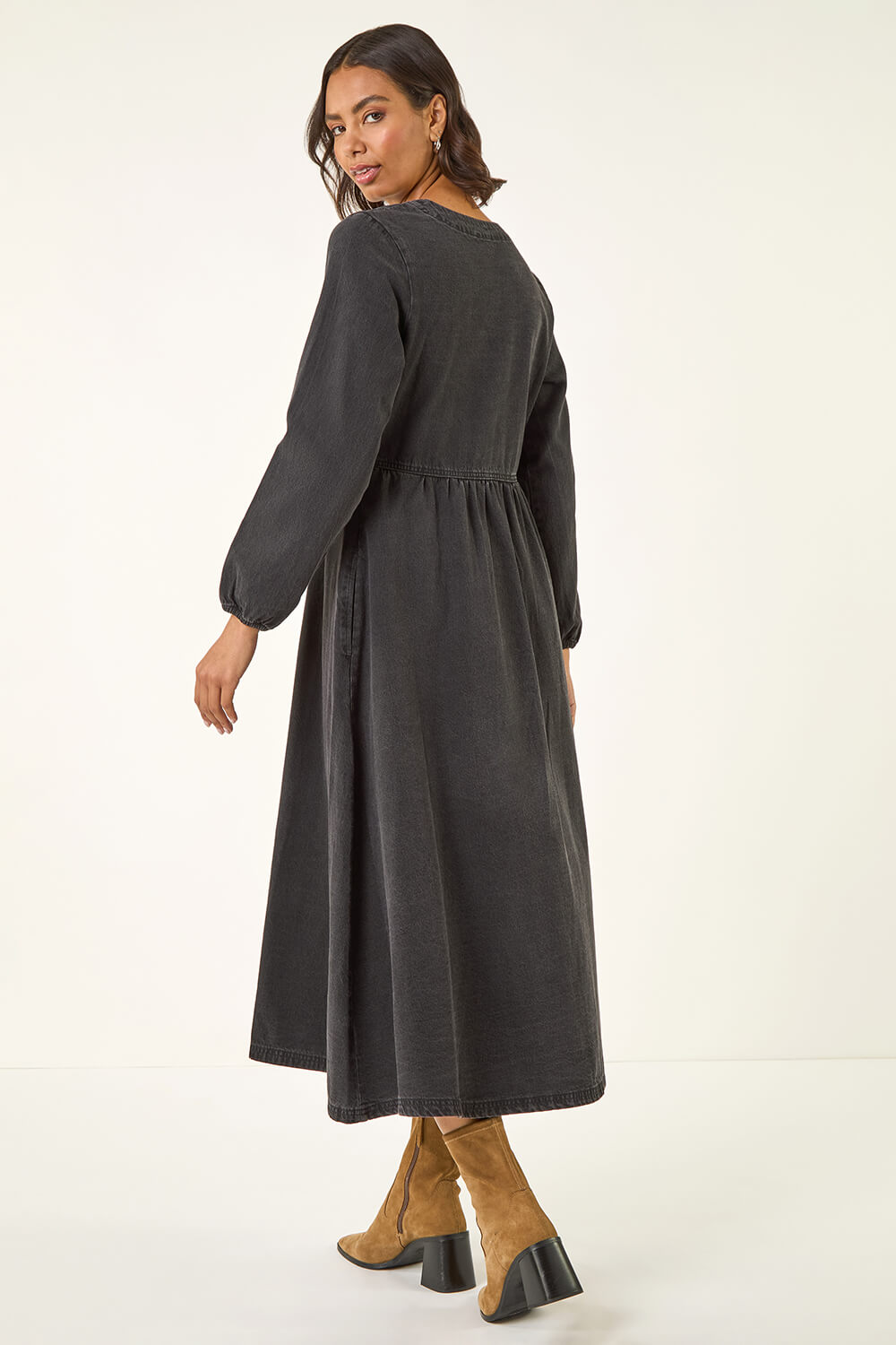 Black Denim Button Down Midi Dress, Image 4 of 5