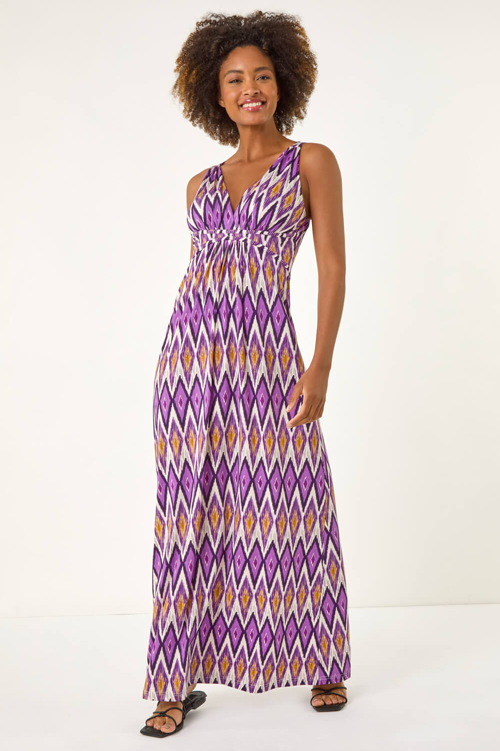 Purple Geometric V-Neck Maxi Dress, Image 5 of 5