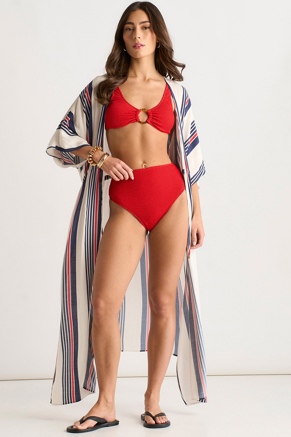 Multi Gini London Multi Stripe Tie Detail Kimono Beachwear, Image 1 of 4