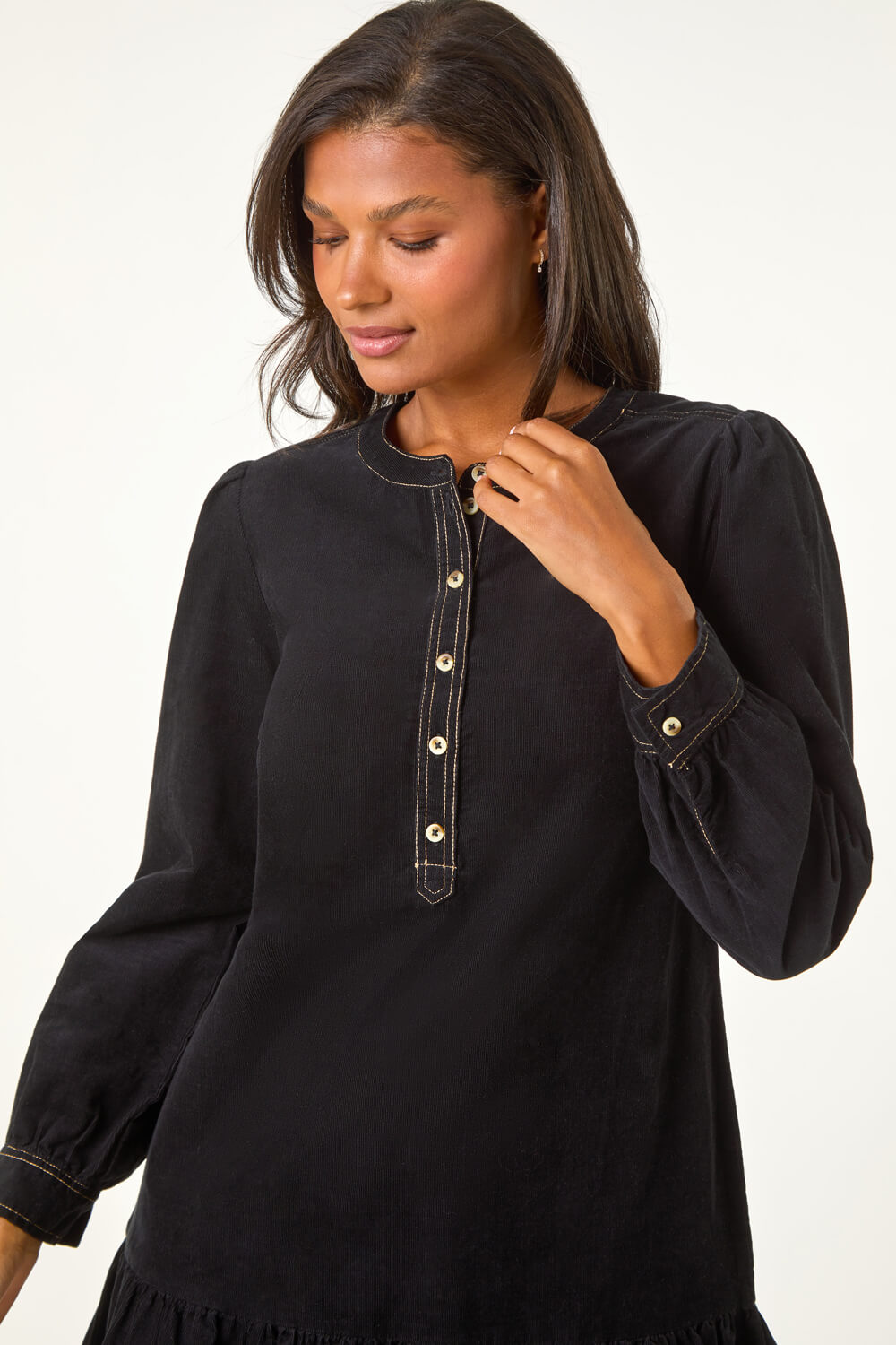Black Corduroy Button Detail A-Line Dress, Image 5 of 5