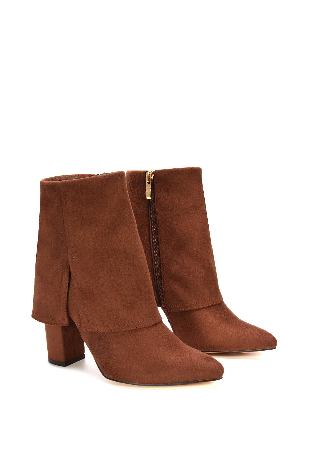 Brown XY LONDON Brown 'Ayla' Fold Over Ankle Boots Layered Point Toe Block Heel Booties, Image 5 of 6