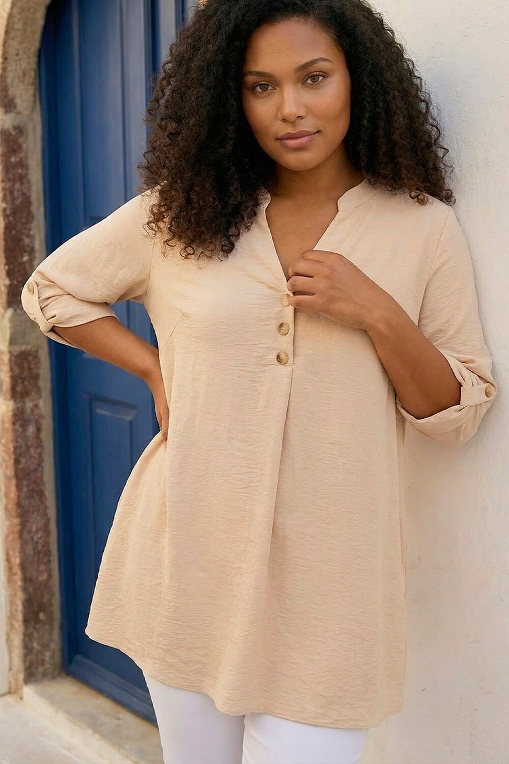 Roman Curve Women's Stone Textured Buttoned Tunic Top Size 26-28