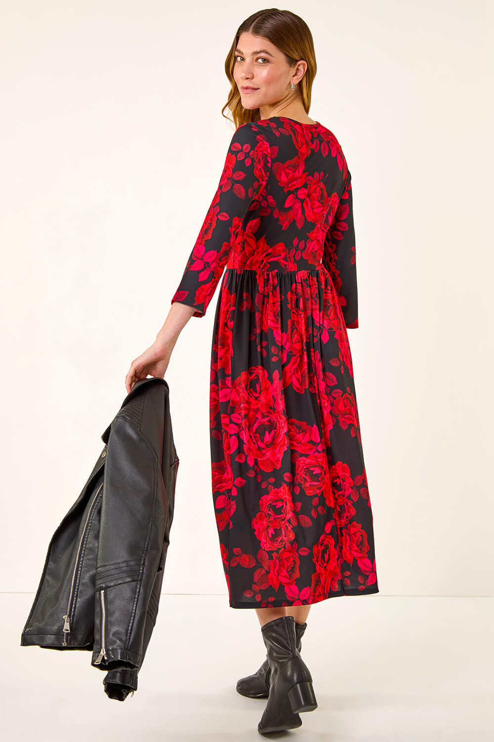 Red Rose Print Gathered Stretch Midi Dress, Image 4 of 5