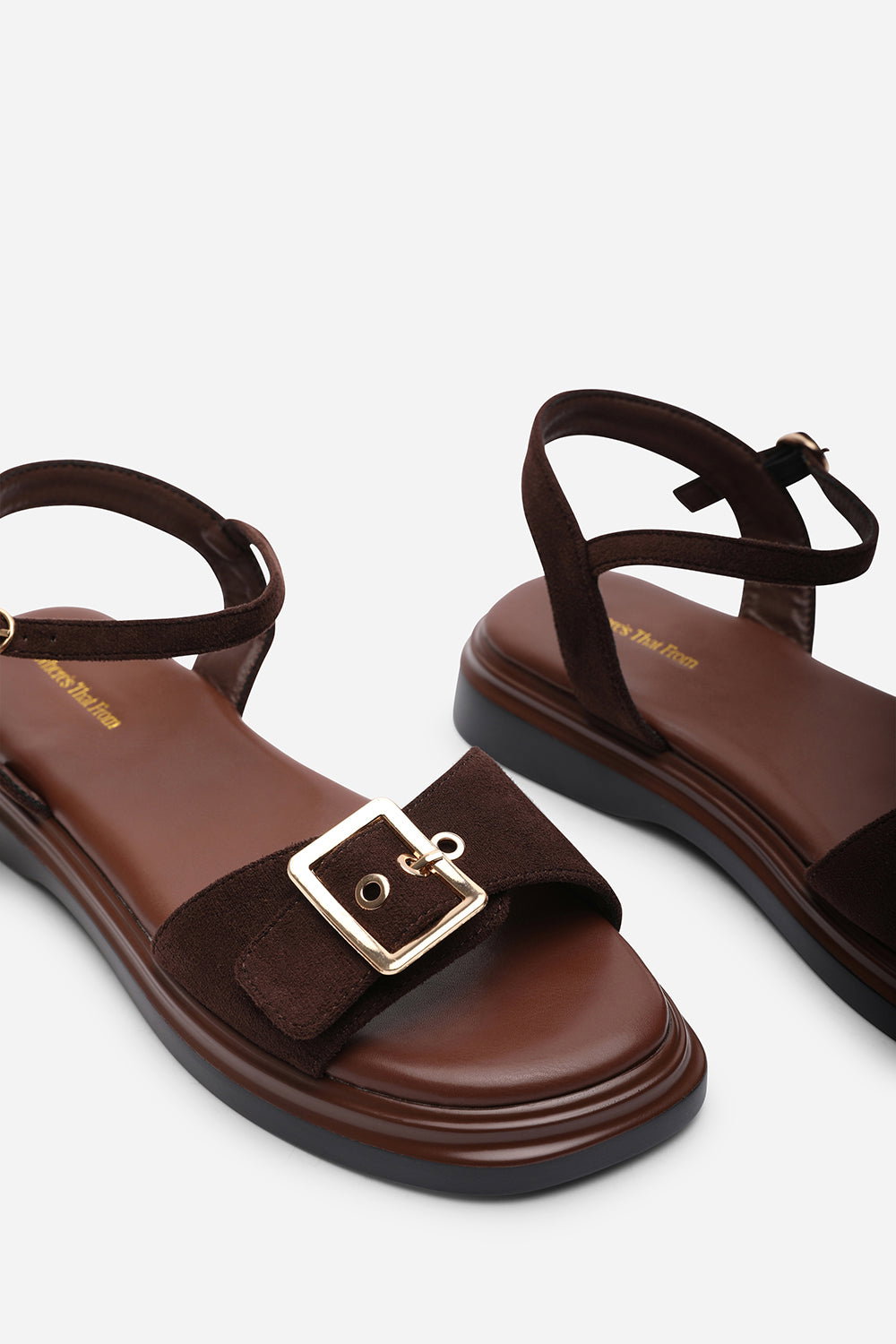 Dark Brown Coastal Front Buckle Flatform Suede Sandal, Image 5 of 6