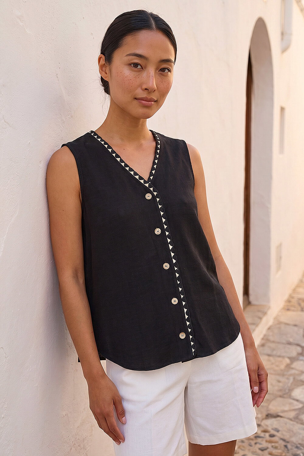 Black Petite V-Neck Trim Detail Top, Image 3 of 4