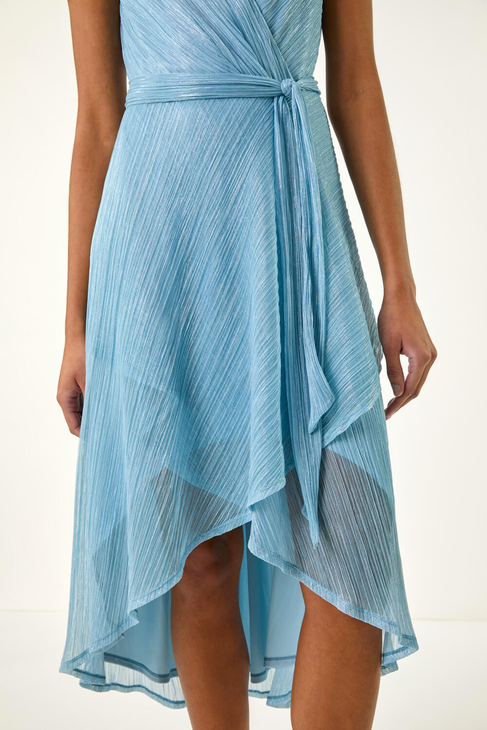 Blue Shimmer Plisse Wrap Dress, Image 6 of 5