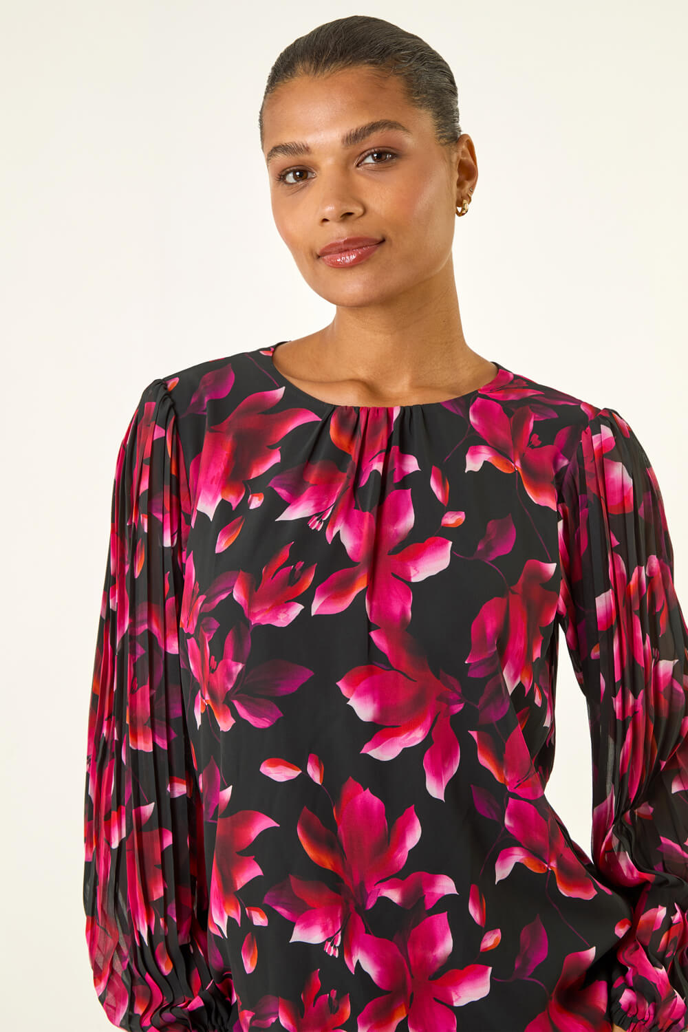 Purple Floral Print Pleated Top, Image 5 of 5