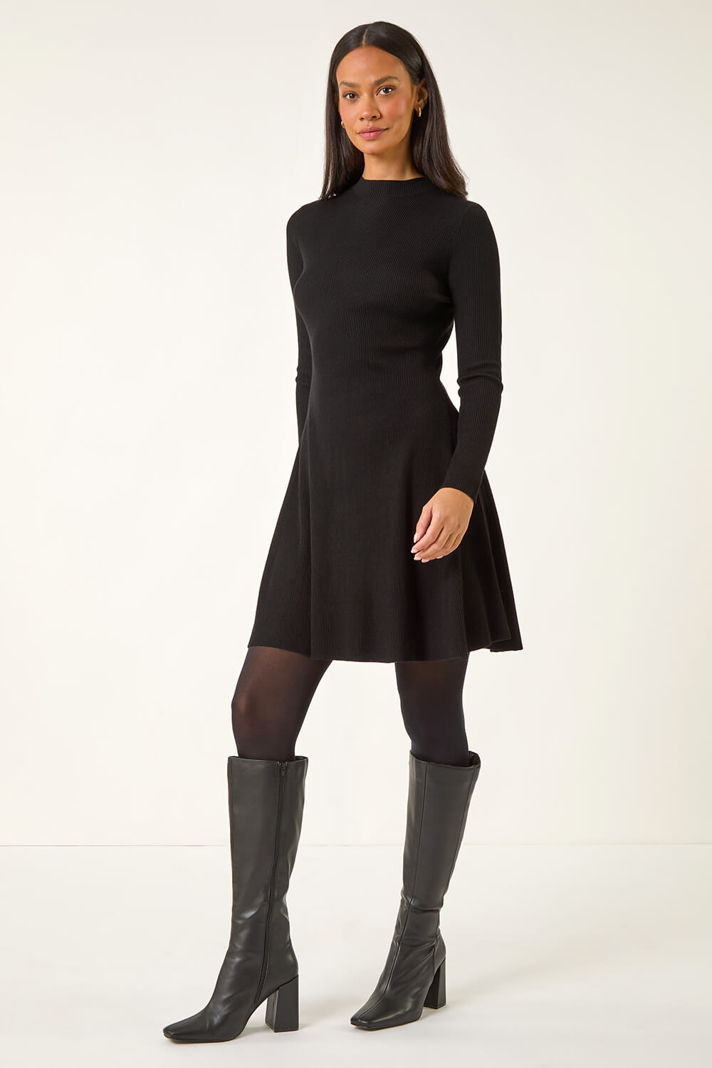 Black Dusk Ribbed Skater Jumper Dress, Image 6 of 7
