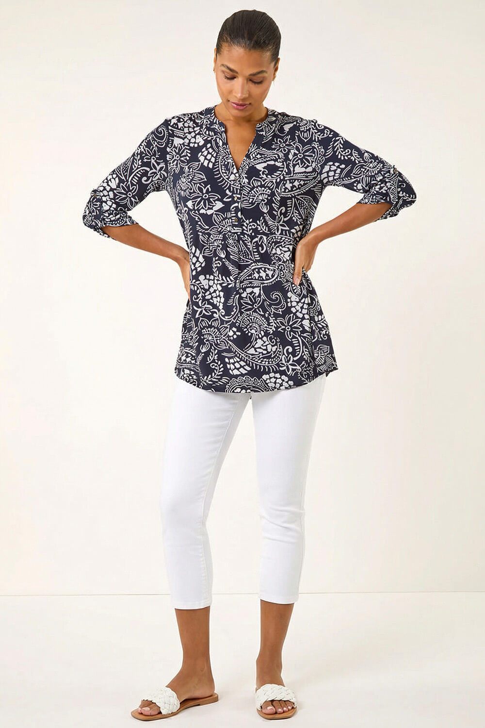 Navy Abstract Print Buttoned Tunic Top, Image 3 of 5