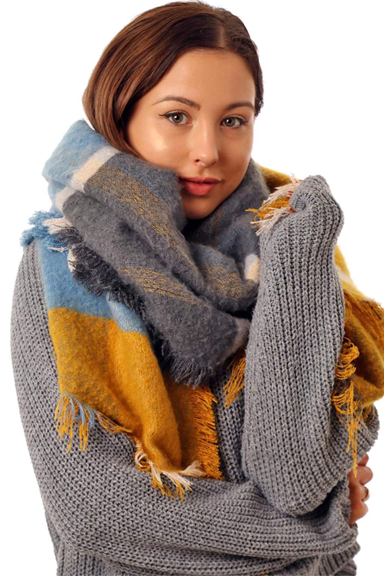 Mustard Striped Tartan Winter Blanket Scarf, Image 1 of 3