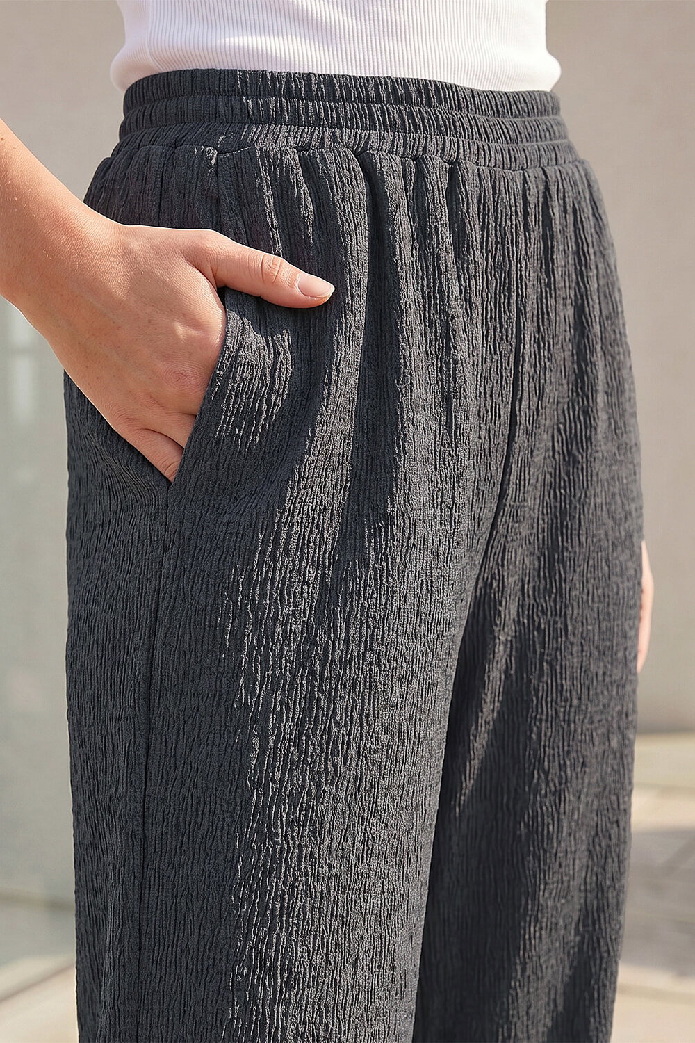 Grey Crinkle Textured Stretch Trouser, Image 5 of 4