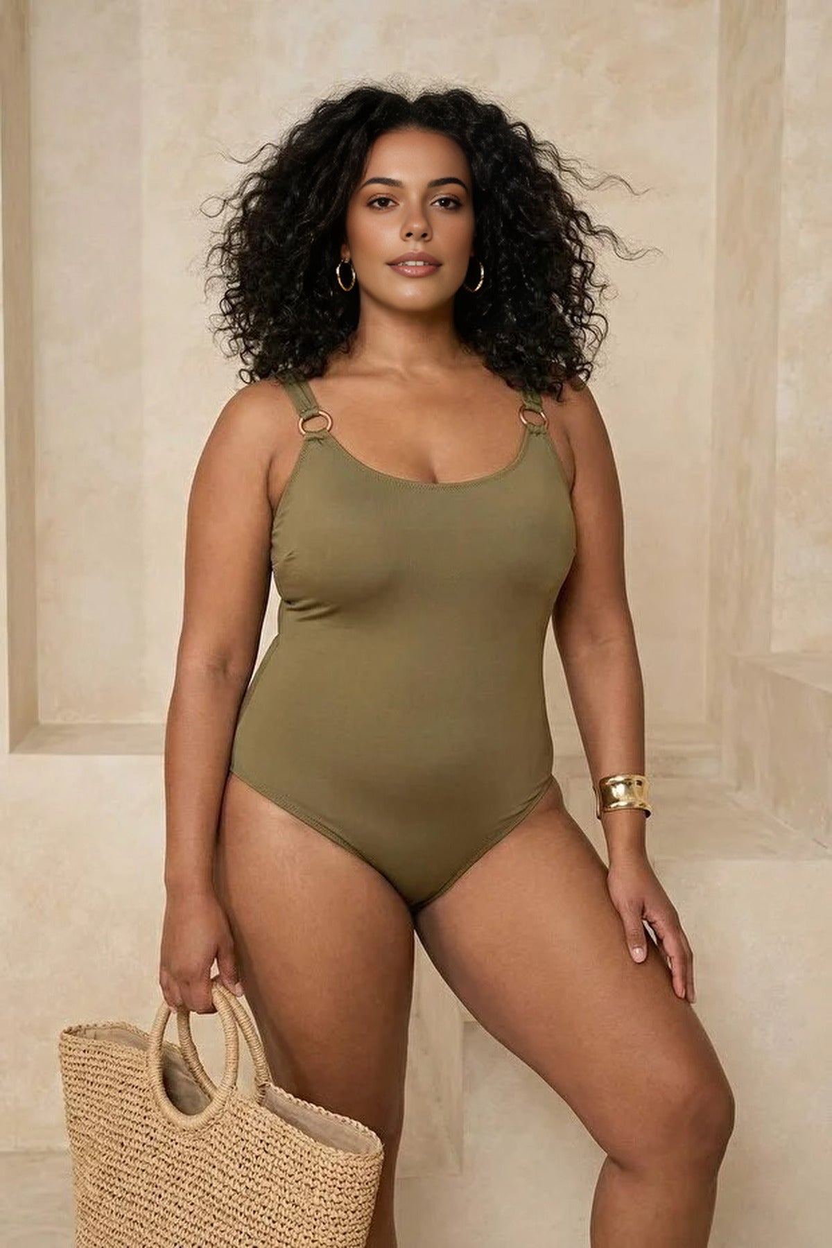 Khaki Ring Detail Scoop Neck Classic Swimsuit, Image 1 of 3