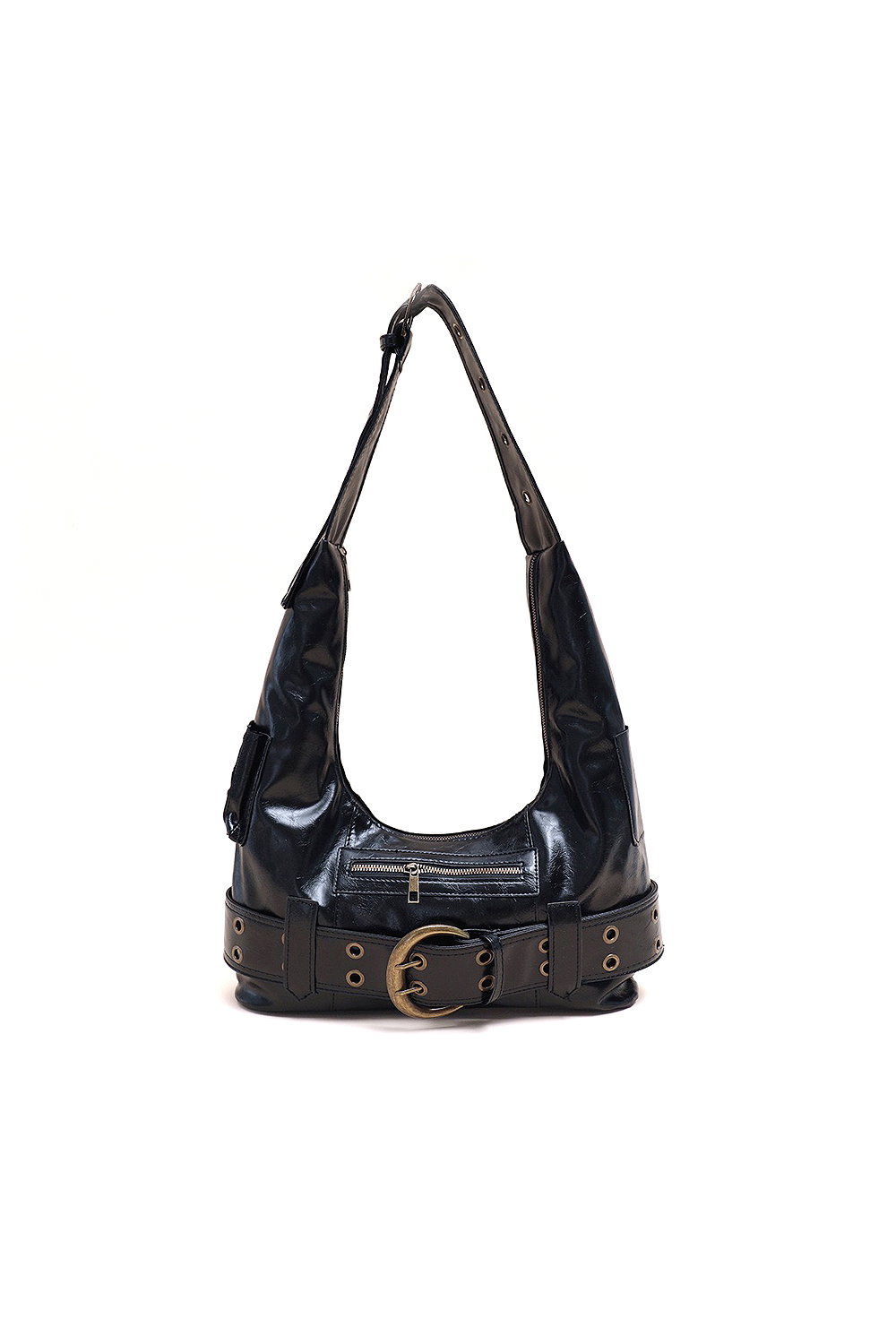 Black 'Cora' Belt Buckle Zip Up Shoulder Bag