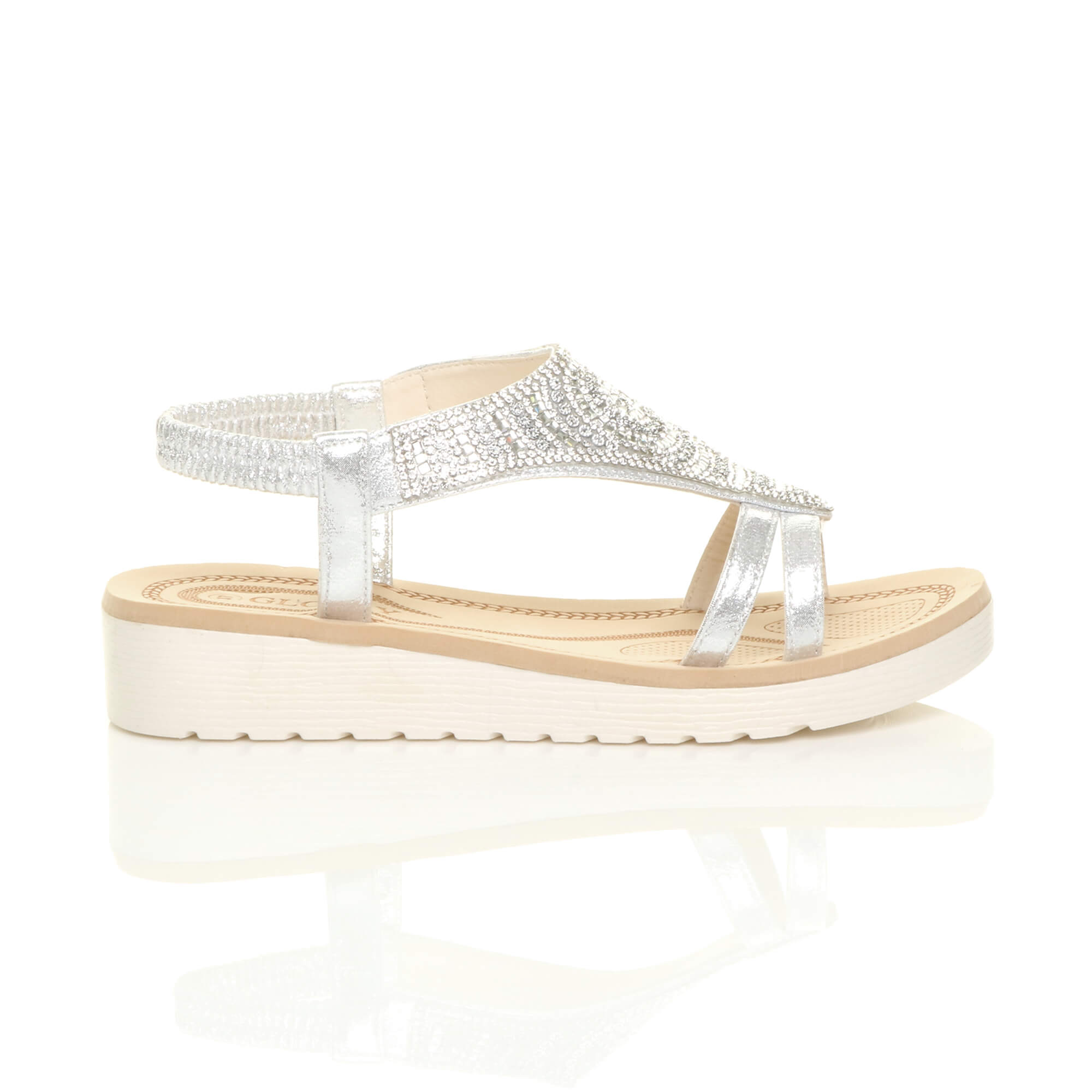 Silver AJVANI Silver Flatform Diamante T-Bar Slingback Sandals, Image 2 of 6