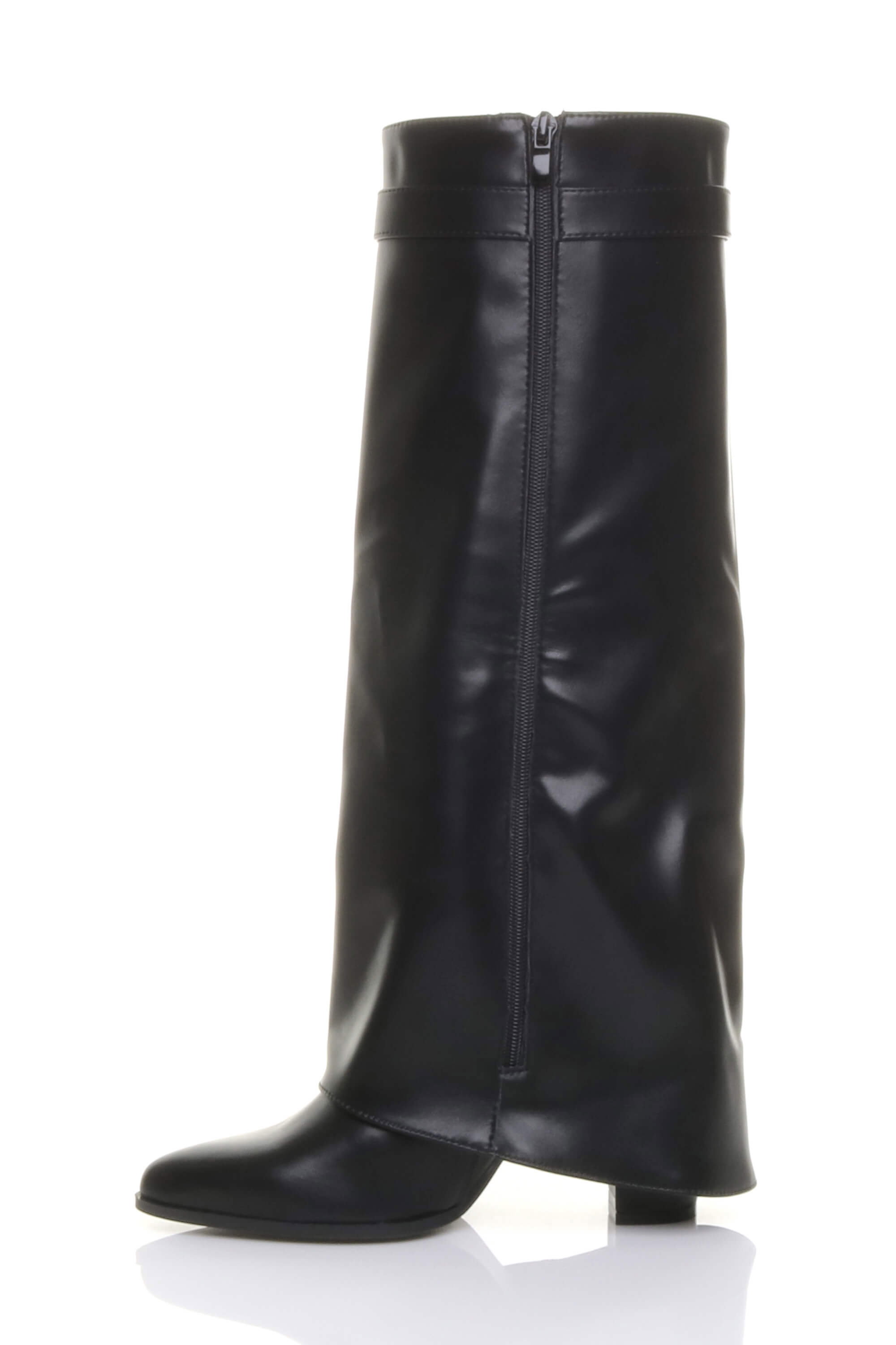 Black AJVANI Black High Block Heel Pointed Toe Fold Over Knee Boots, Image 3 of 4