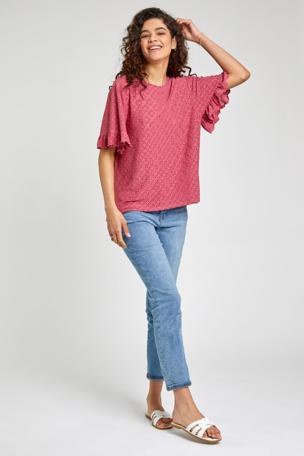 Rose Frill Sleeve Broderie Top, Image 4 of 5