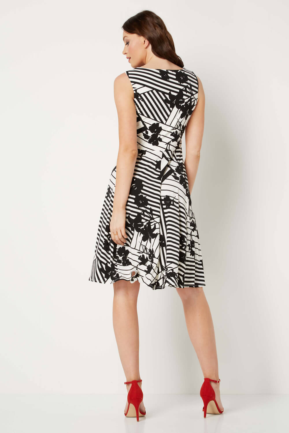 Black Monochrome Print Fit and Flare Dress, Image 3 of 3