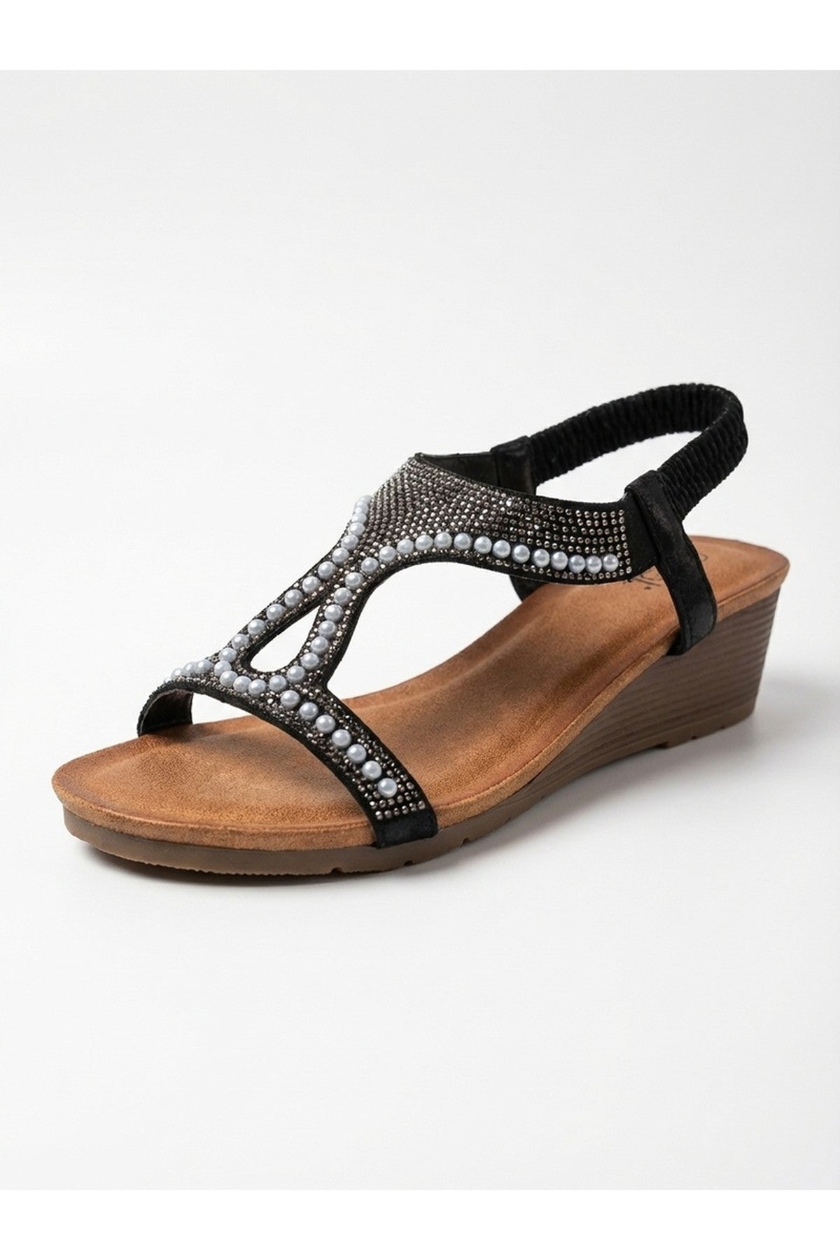Black iKrush Black Violet Beaded Lattice Wedge Sandals, Image 8 of 8