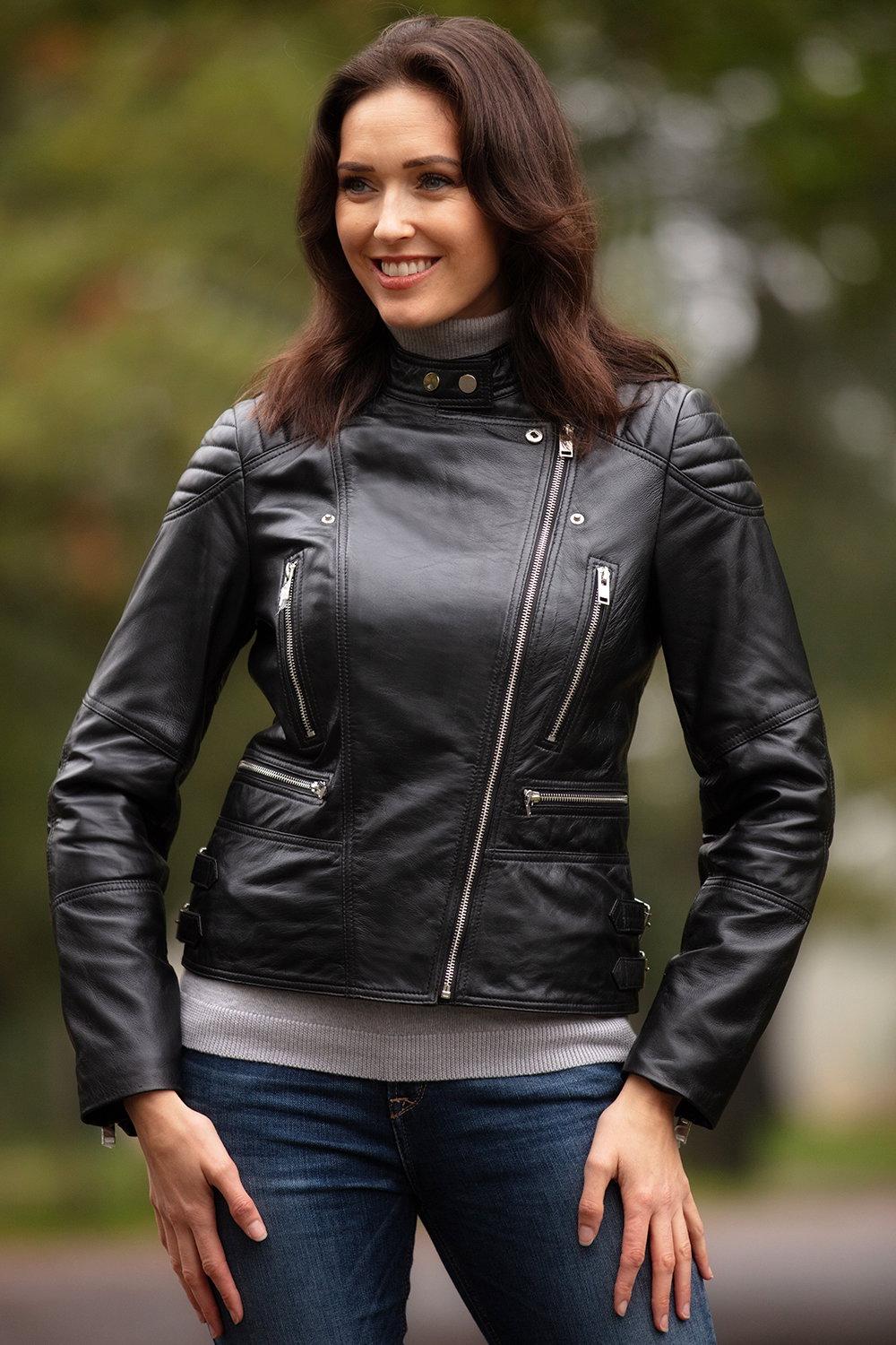 Black 'Soho' Real Leather Biker Jacket