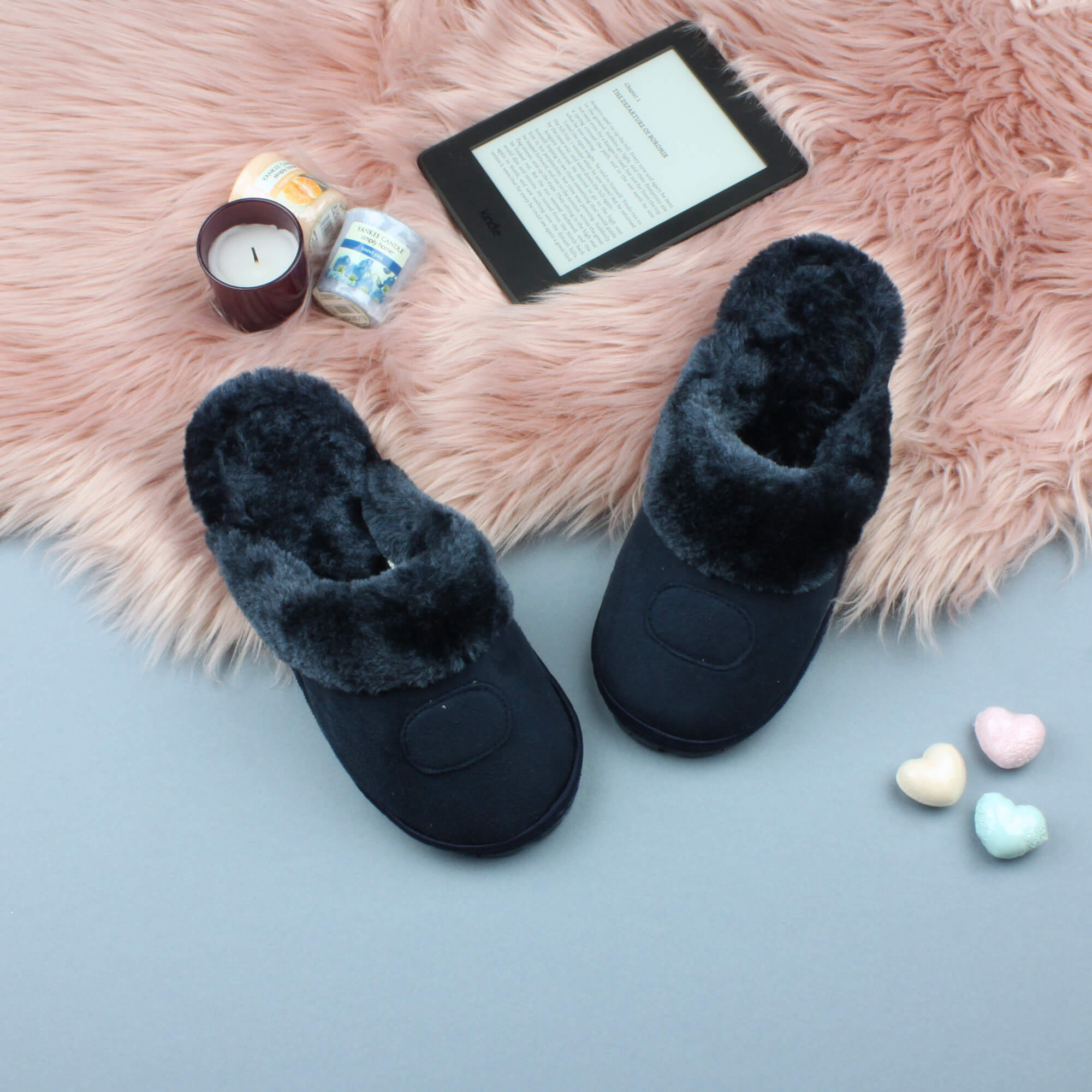 Navy Blue AJVANI Navy Blue Faux Fur Lined Slip On Memory Foam Mules Slippers, Image 3 of 5