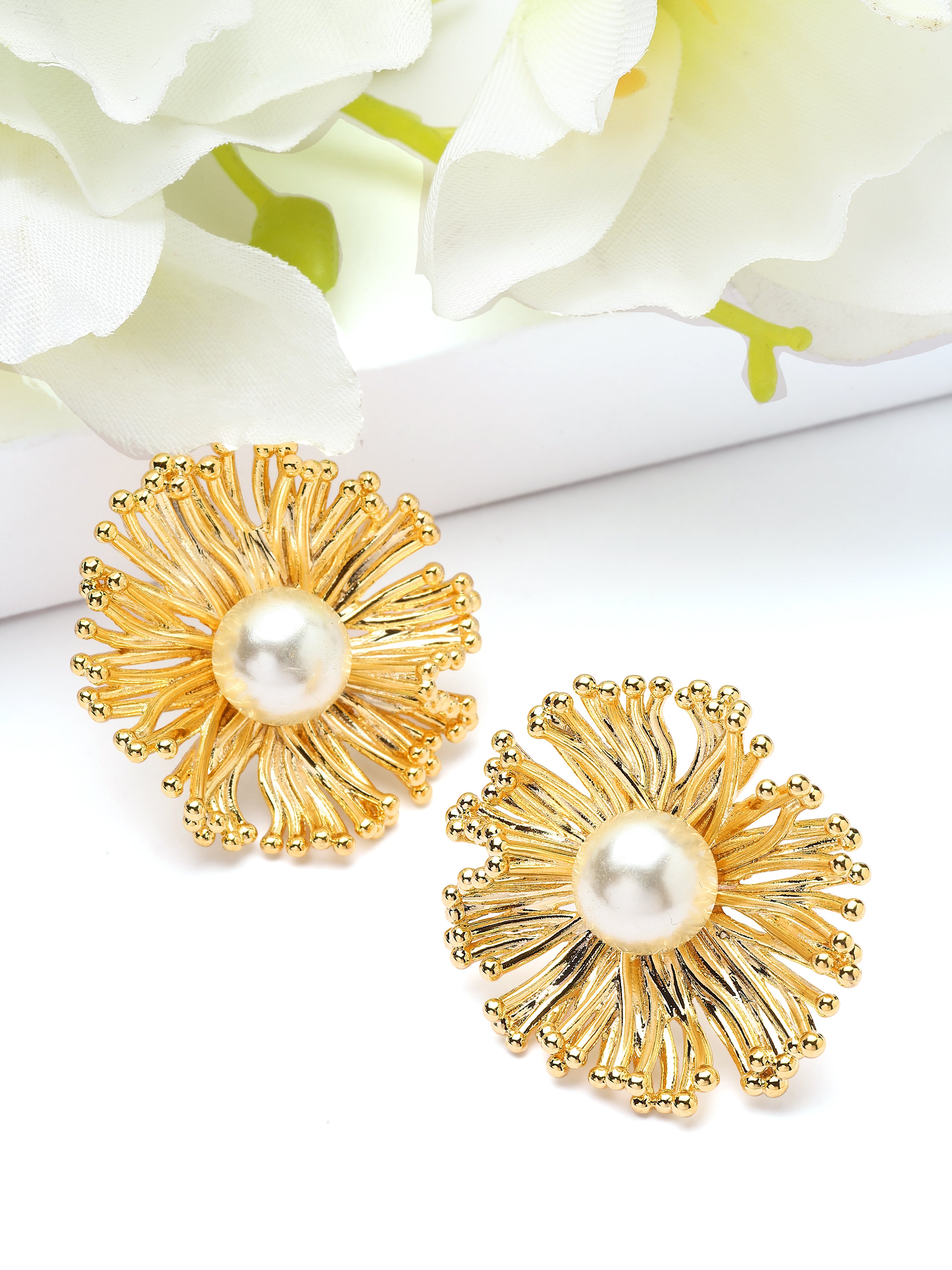 Gold Sunburst Pearl Stud Earrings, Image 3 of 3