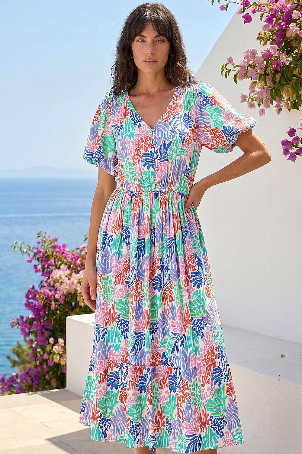 Roman Women's Pink Abstract Print Button Midi Dress Size 16
