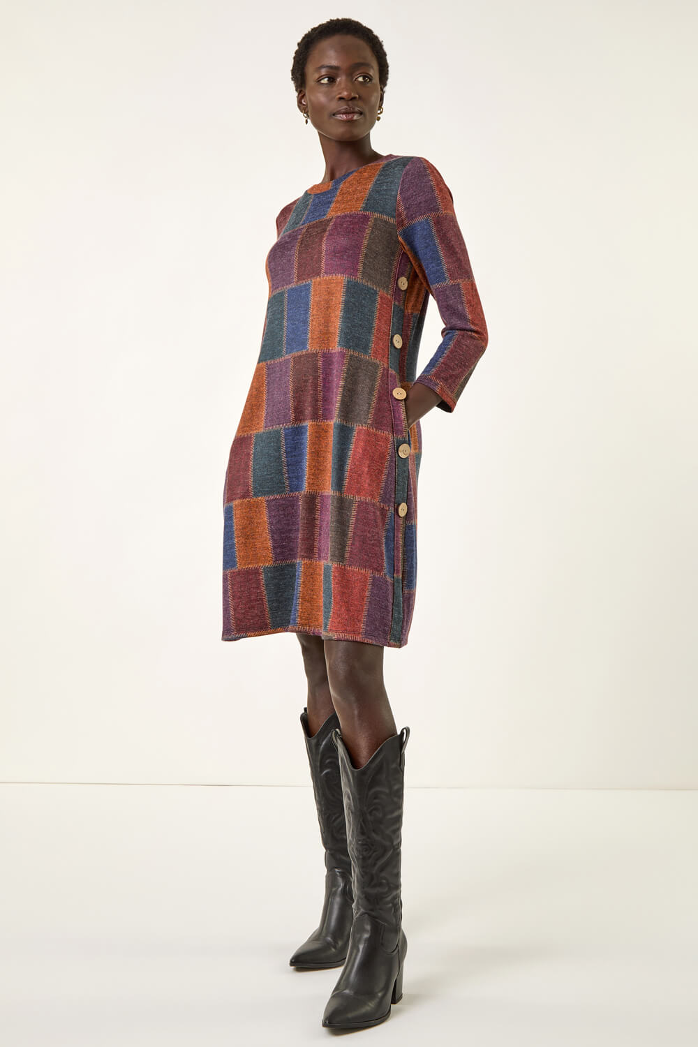 Red Patchwork Button Swing Dress, Image 1 of 5