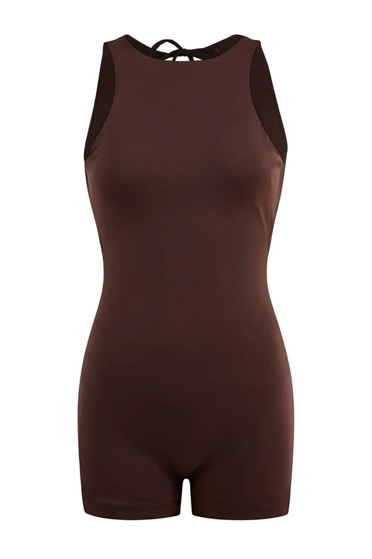 Brown High Neck Sleeveless Fitted Swim Playsuit, Image 3 of 3