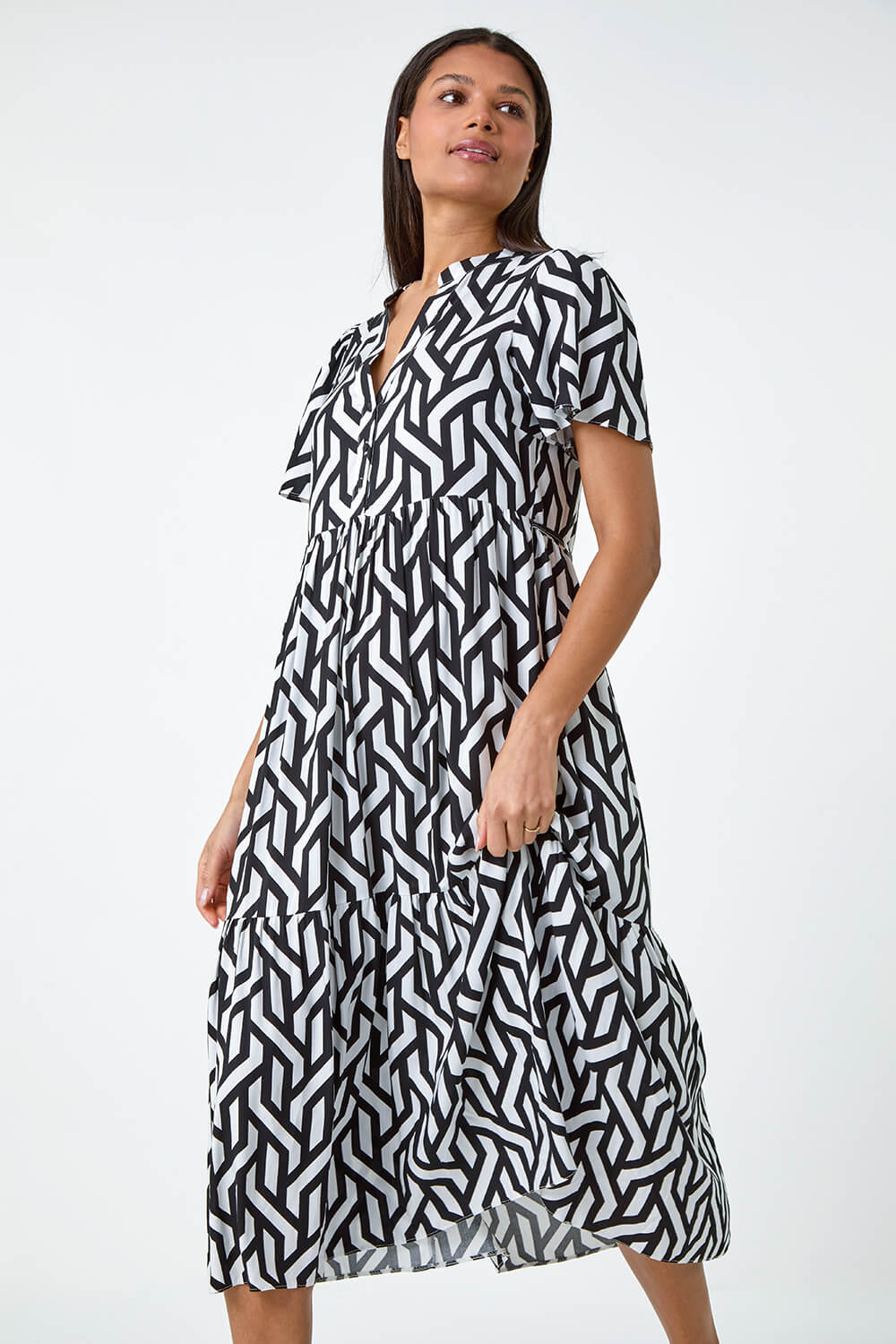 Women White Multi Geometric Round Neck Tiered Midi Dress