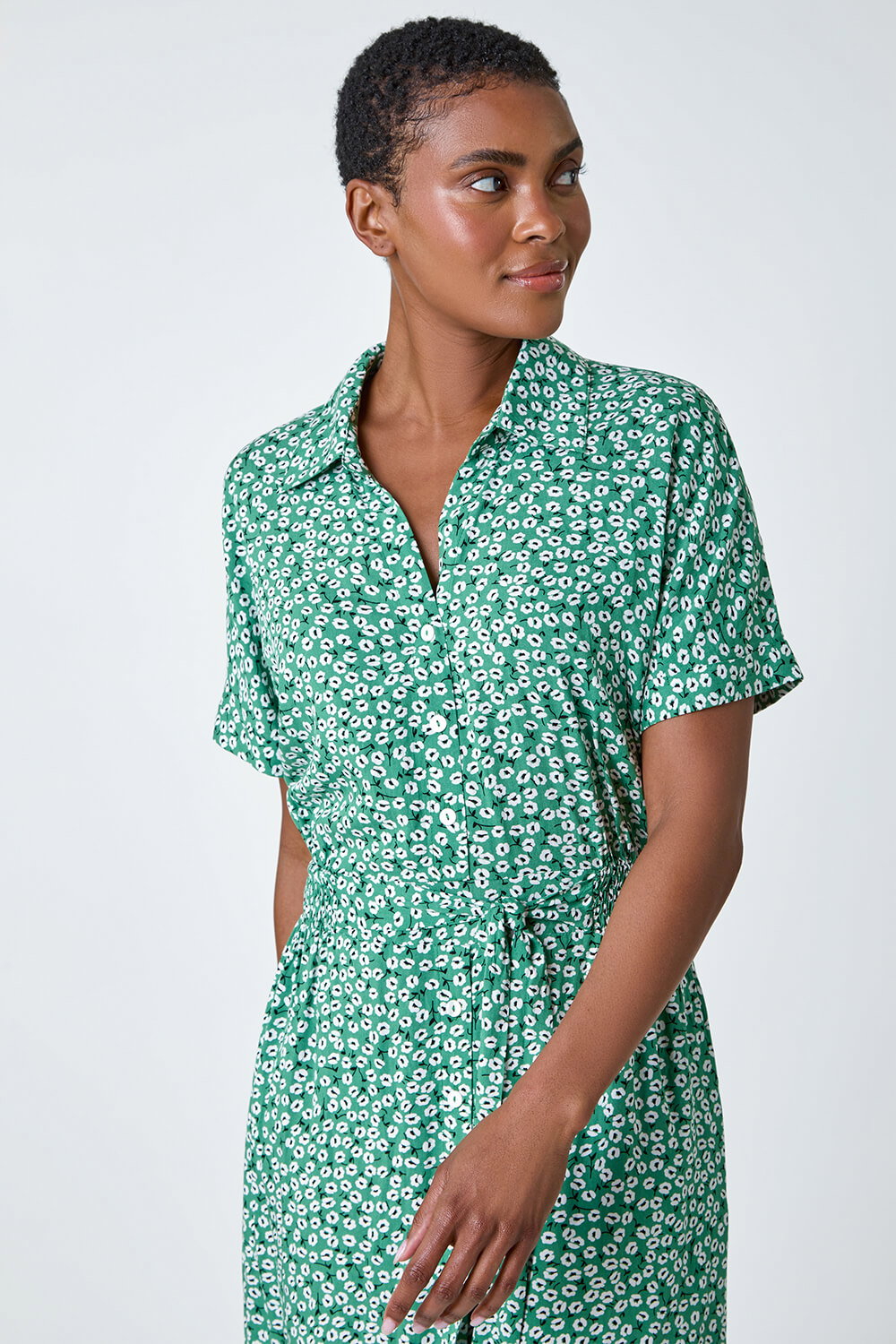 Green Ditsy Floral Print Shirt Dress, Image 5 of 5