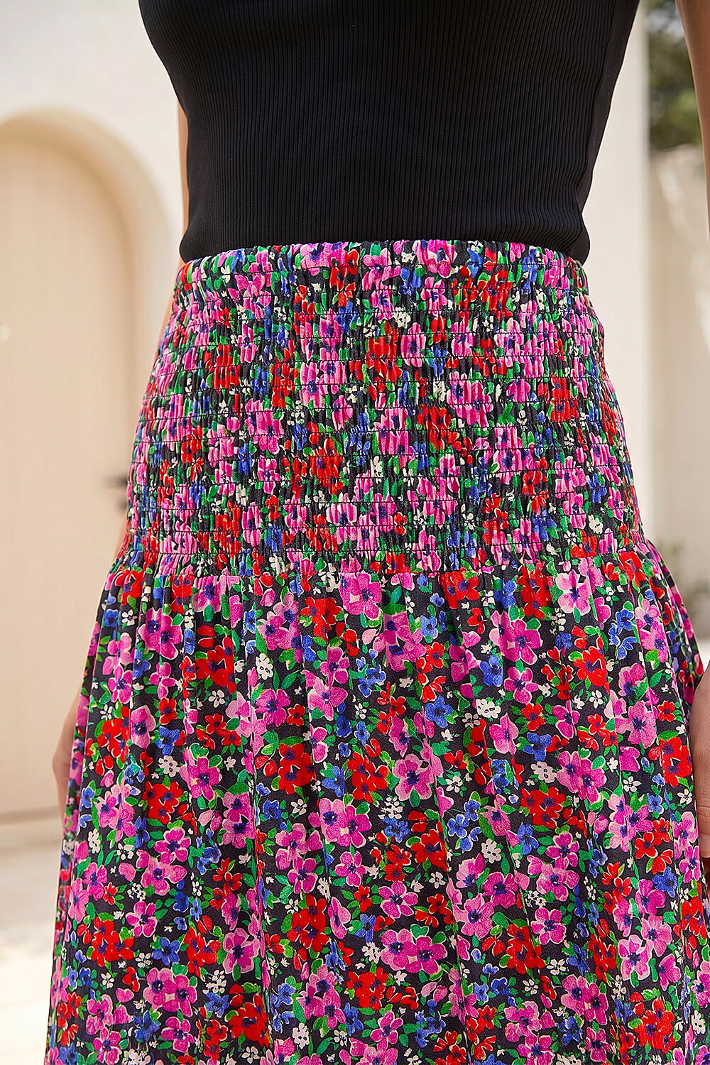 Red Petite Floral Print Shirred Midi Skirt, Image 6 of 5