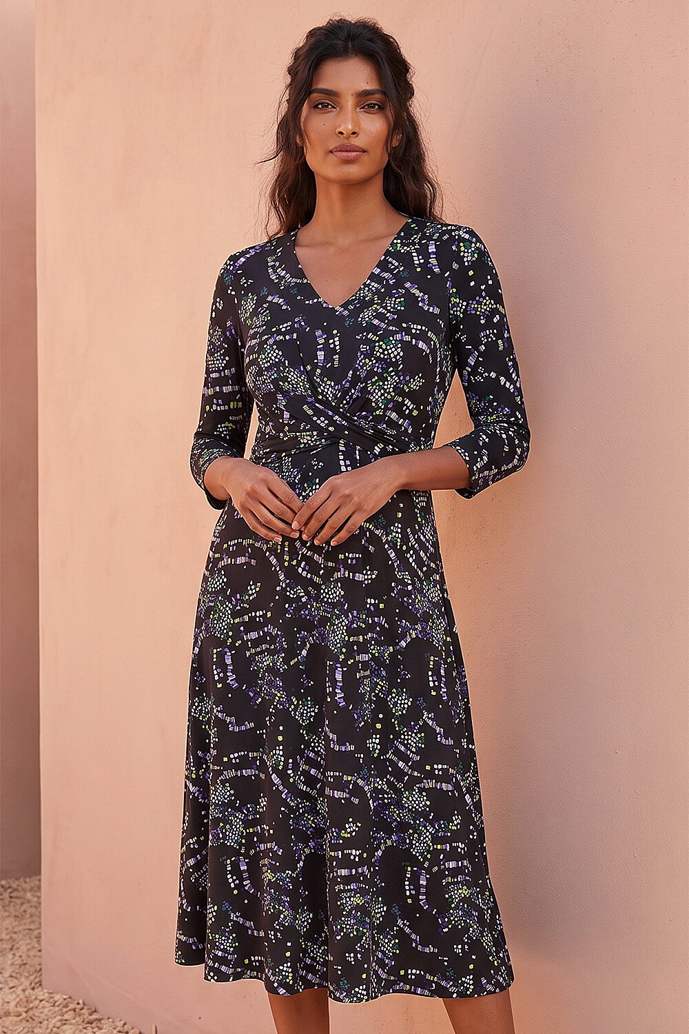 Roman Women's Black Abstract Crossover Stretch Midi Dress Size 14