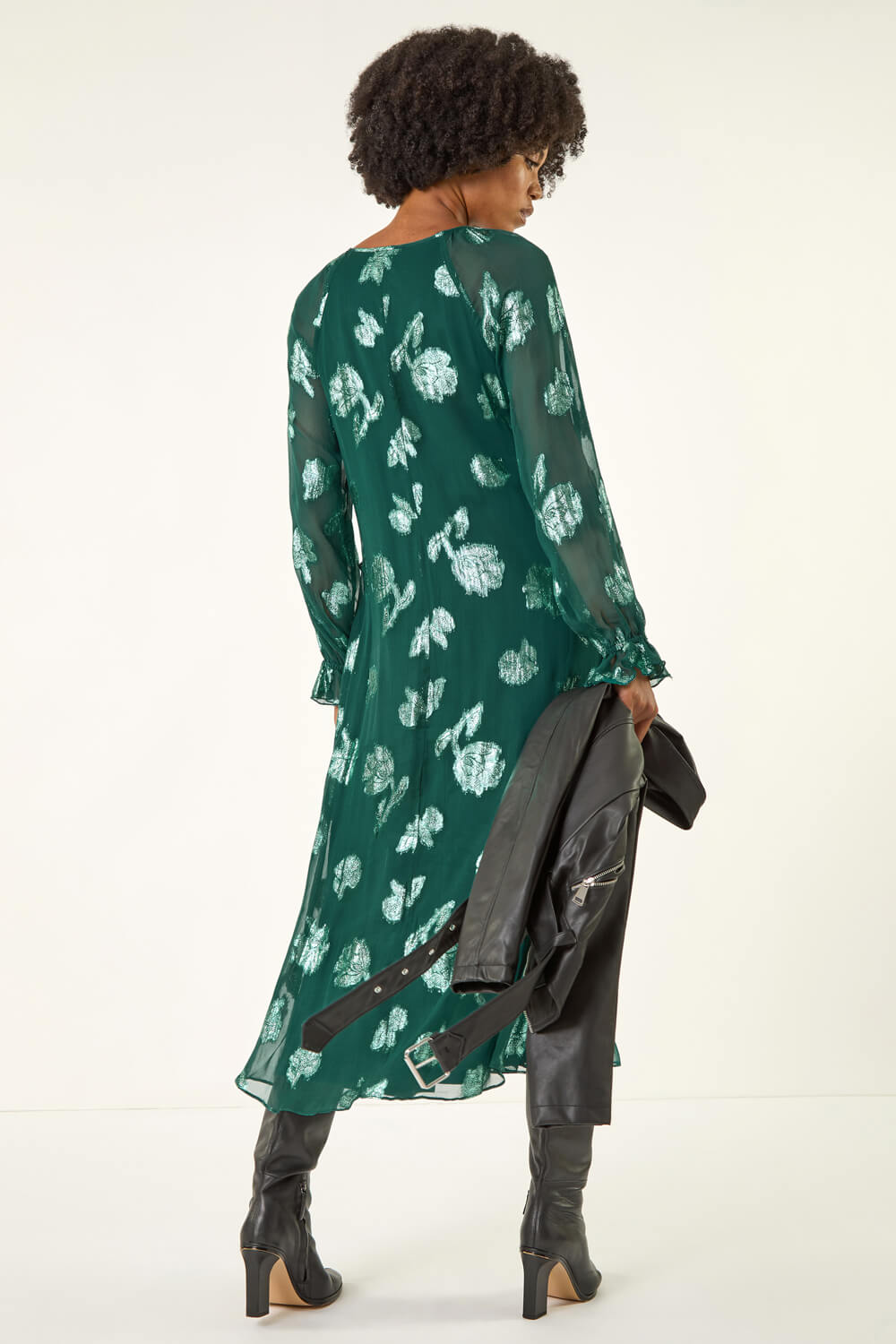 Green Floral Brocade Frill Midi Dress, Image 4 of 5