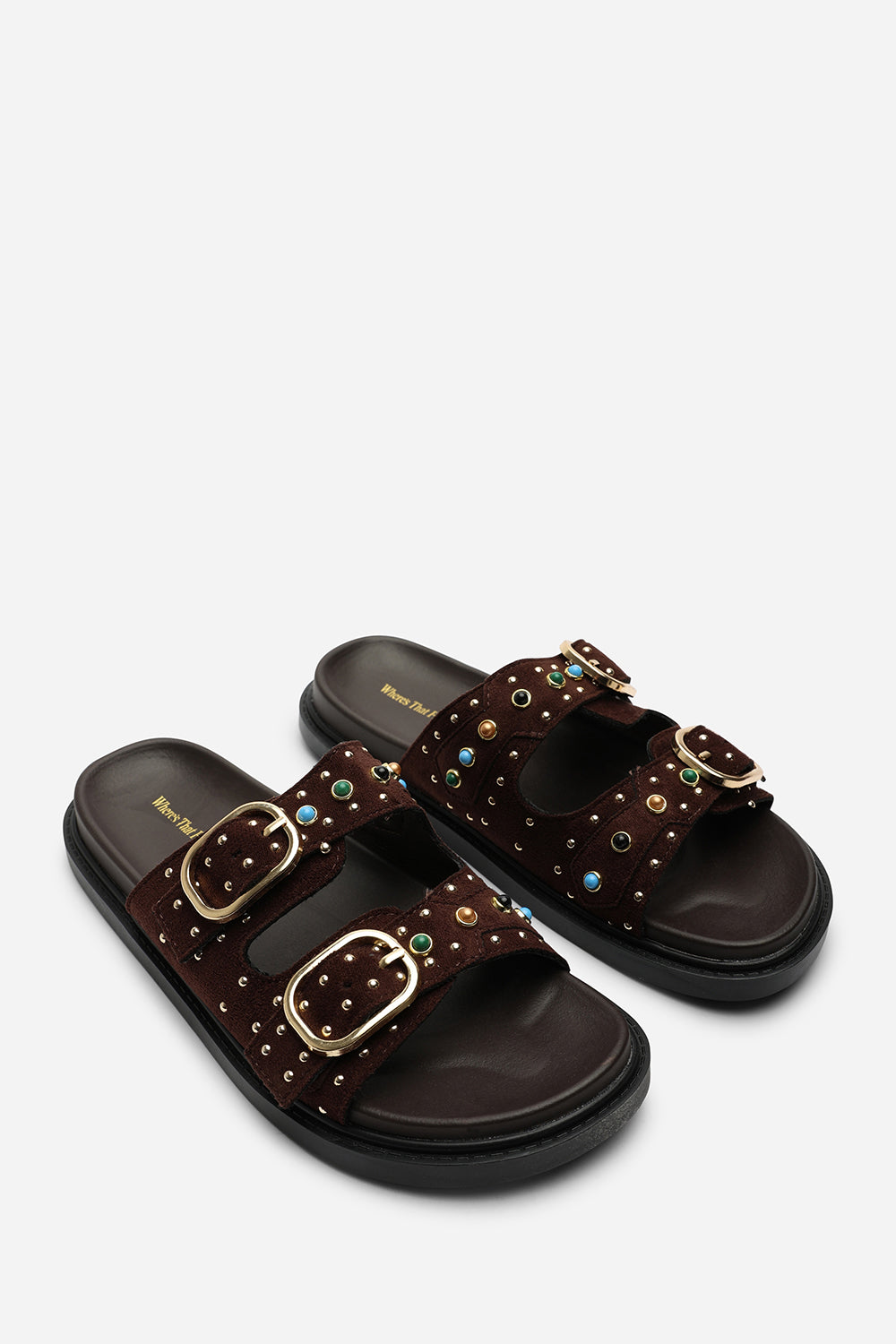 Dark Brown Ceylon Diamante Stud Double Buckle Slide On Sandal, Image 4 of 6
