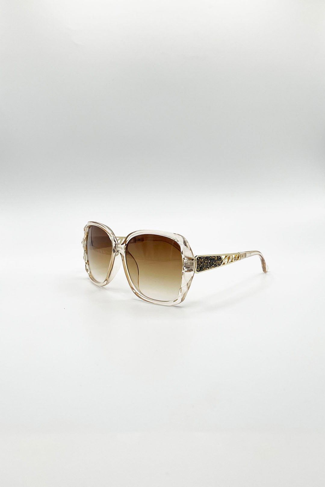 Beige SVNX Beige Round Square Side Detail Sunglasses In Champagne, Image 2 of 5