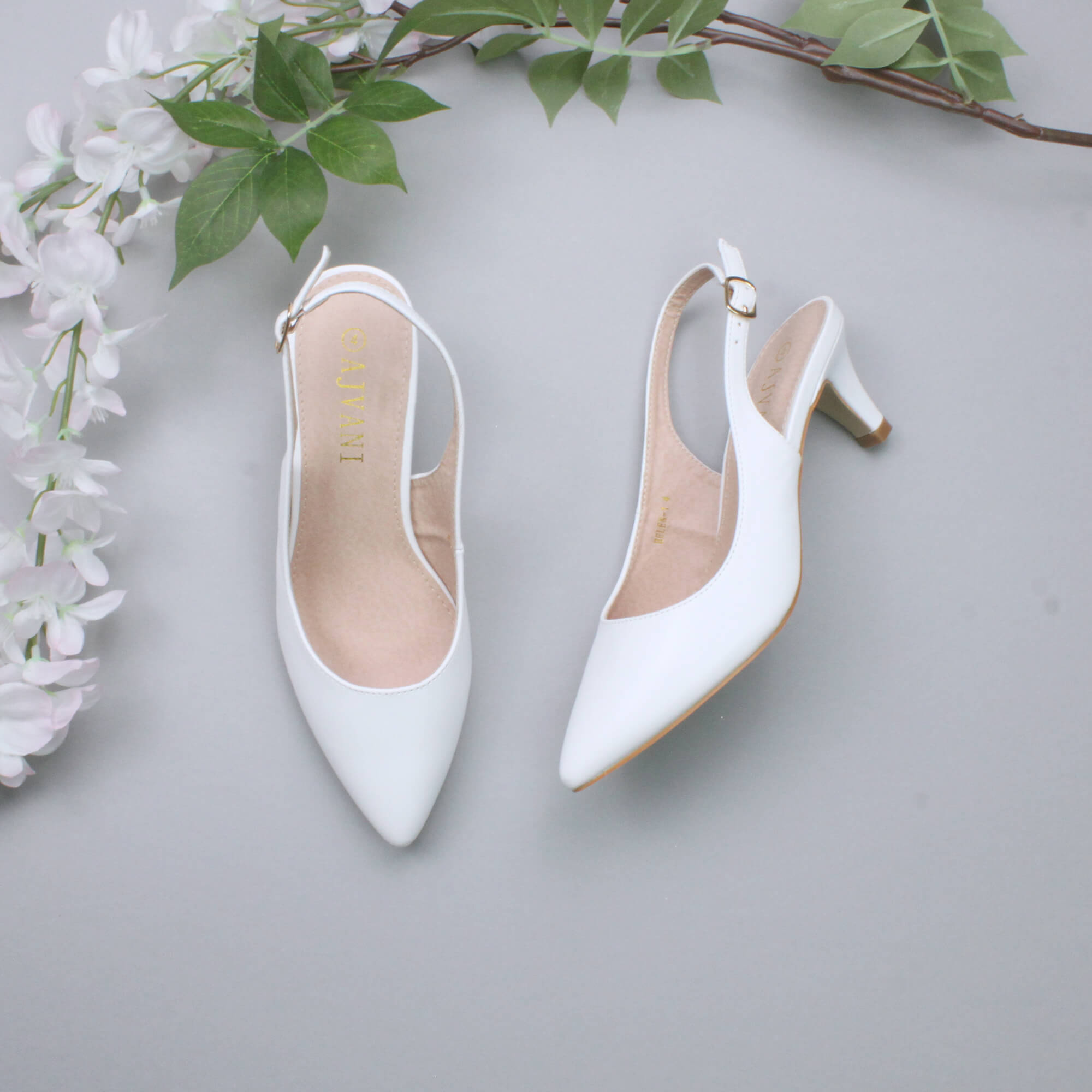White AJVANI White Mid Heel Slingback Pointed Toe Court Shoes, Image 4 of 6