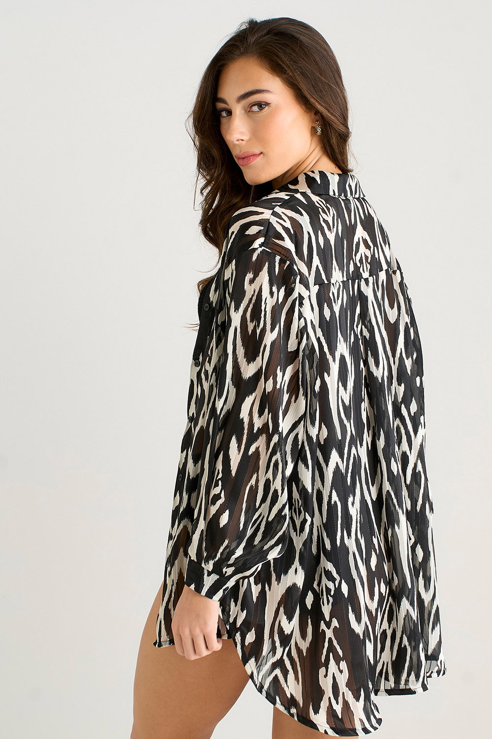 Black Mono Aztec Print Stripe Lurex Beach Shirt, Image 2 of 4