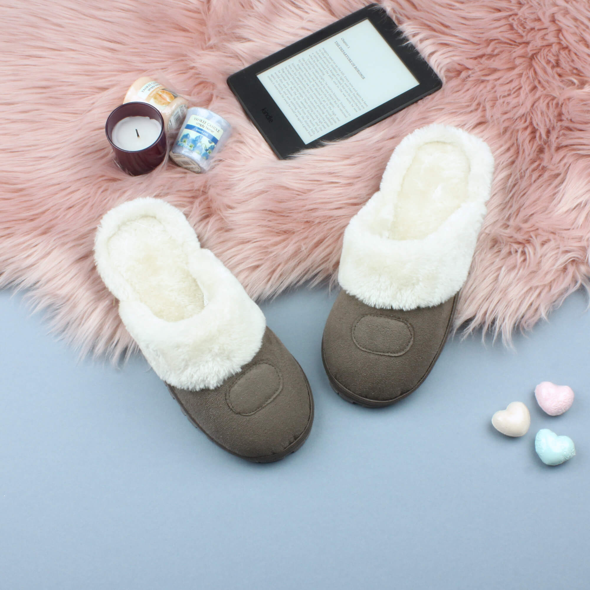Mocha Faux Fur Lined Slip On Memory Foam Mules Slippers, Image 3 of 5