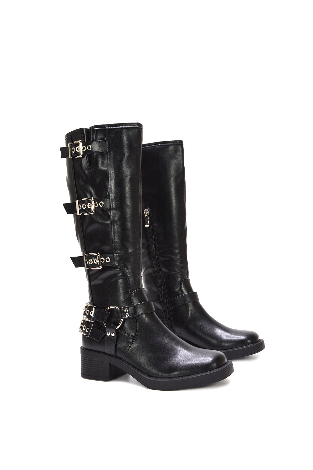 Black 'Cobra' Harness Square toe Knee High Biker Boots, Image 5 of 7