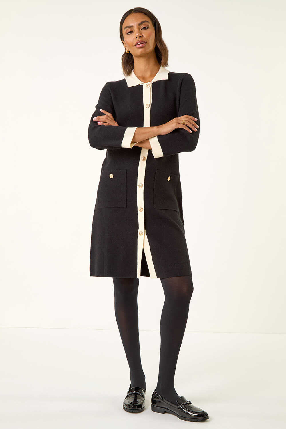 Black Contrast Collar Knitted Dress, Image 1 of 5