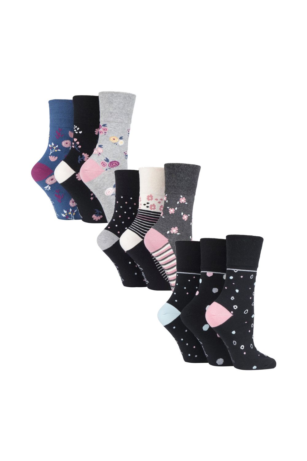 Grey 9 Pairs Cotton Patterned Non Elastic Socks, Image 1 of 5