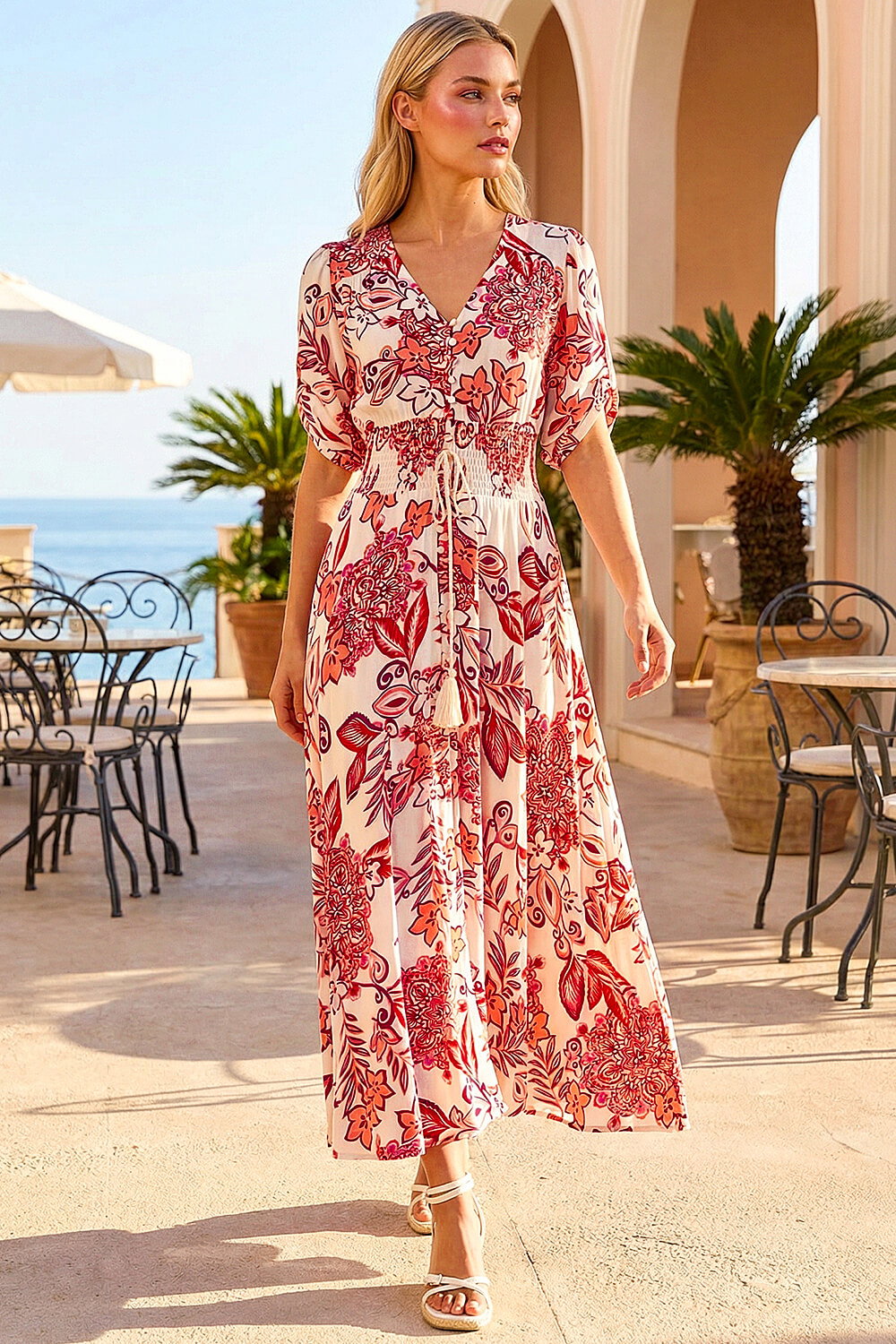 Red Dusk Boho Floral Print V-Neck Maxi Dress, Image 1 of 4