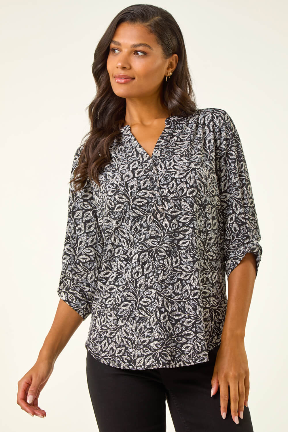 Black Printed V-Neck Stretch Top, Image 5 of 5